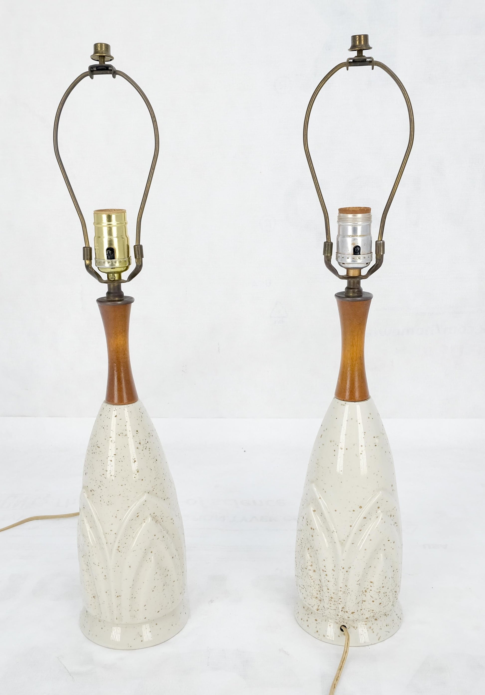 EstablishedLines Pair Mid Century Lotus Motive Ceramic Pottery & Turned Walnut Bases Table Lamps