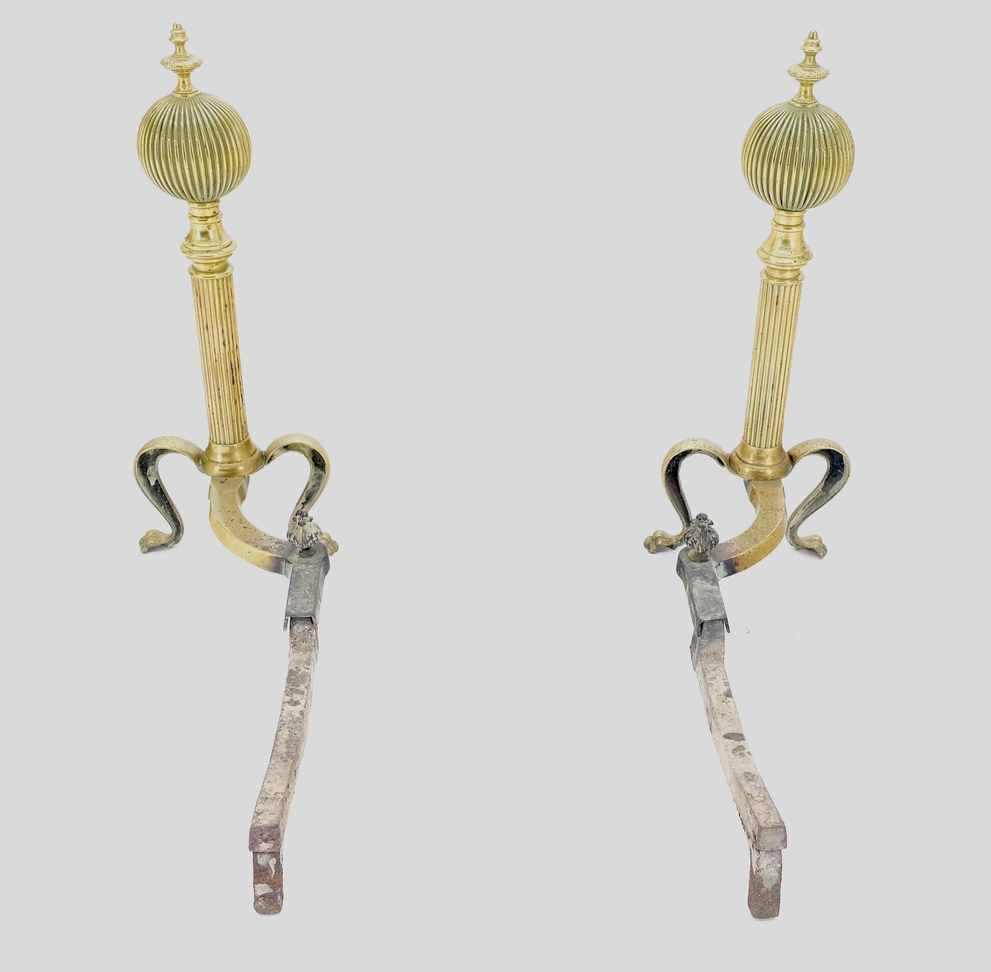 EstablishedLines Pair of Antique Solid Brass Ball Top Claw Feet Fireplace 22" Tall End Irons MINT