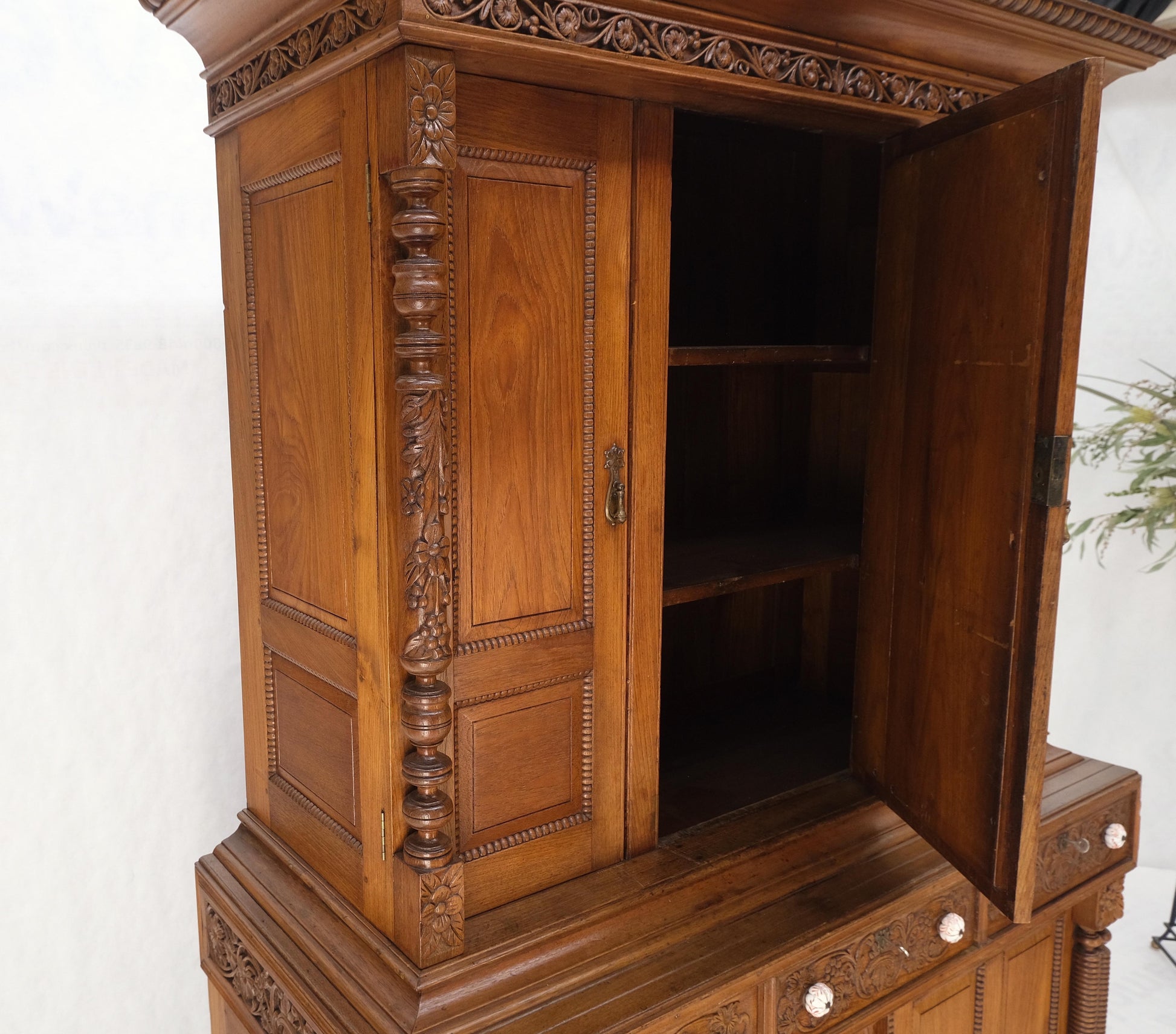EstablishedLines Solid Carved Teak Antique Two Part Cupboard Cabinet with Unique Feature Mint!