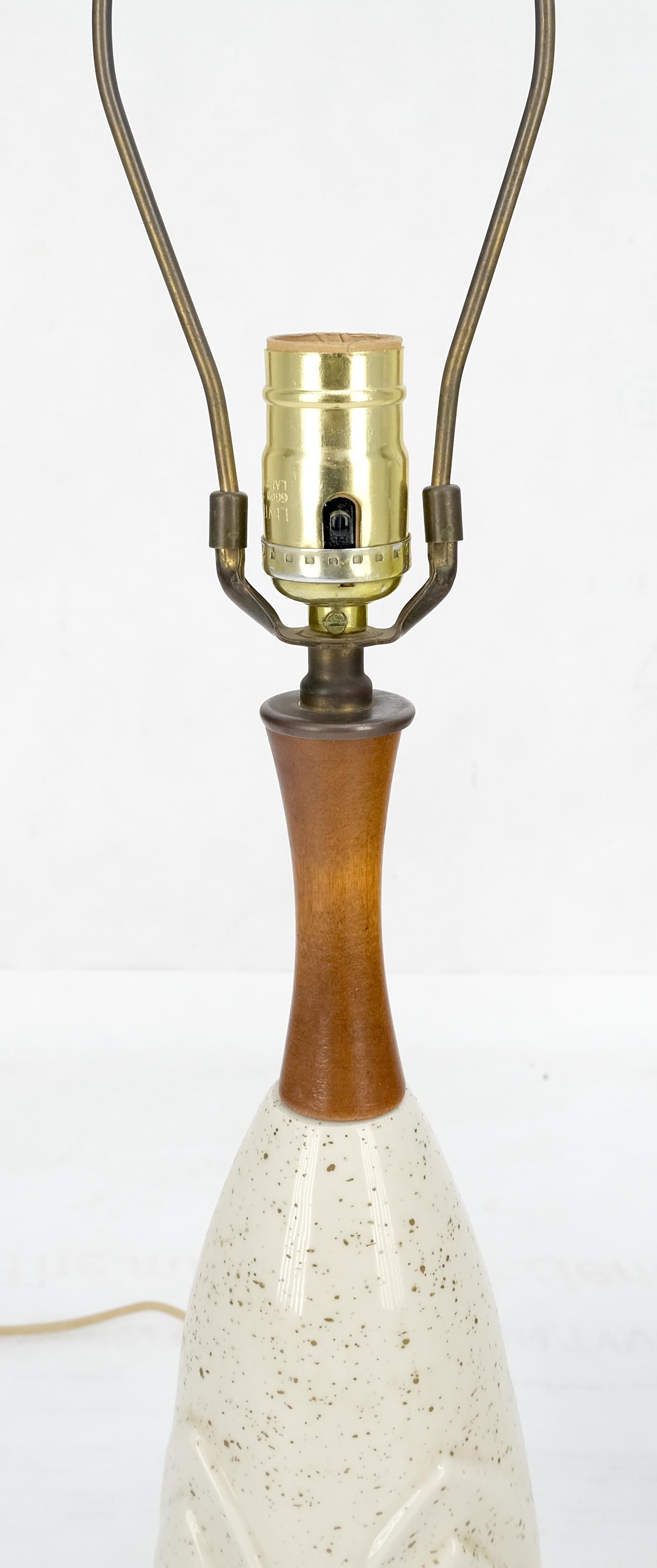 EstablishedLines Pair Mid Century Lotus Motive Ceramic Pottery & Turned Walnut Bases Table Lamps