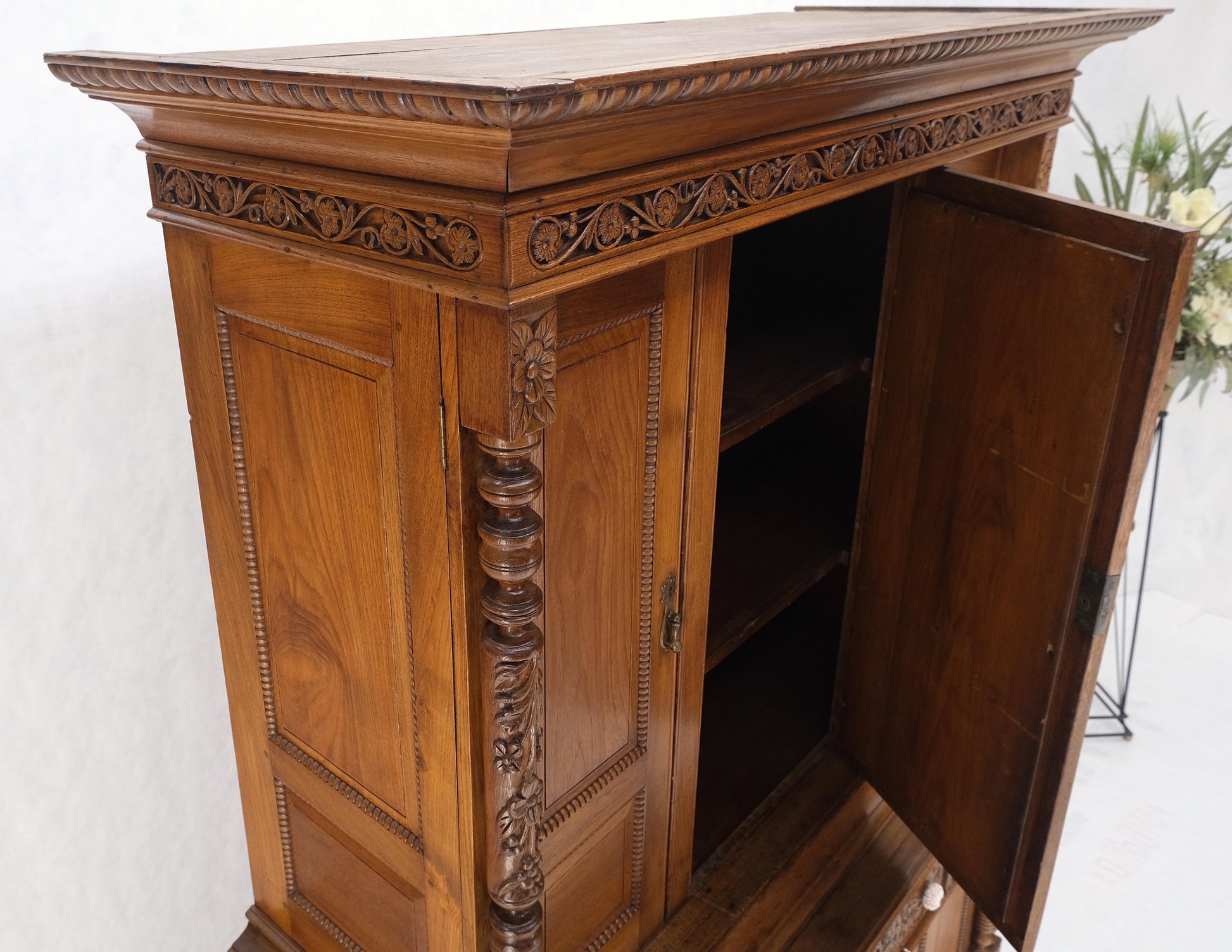 EstablishedLines Solid Carved Teak Antique Two Part Cupboard Cabinet with Unique Feature Mint!