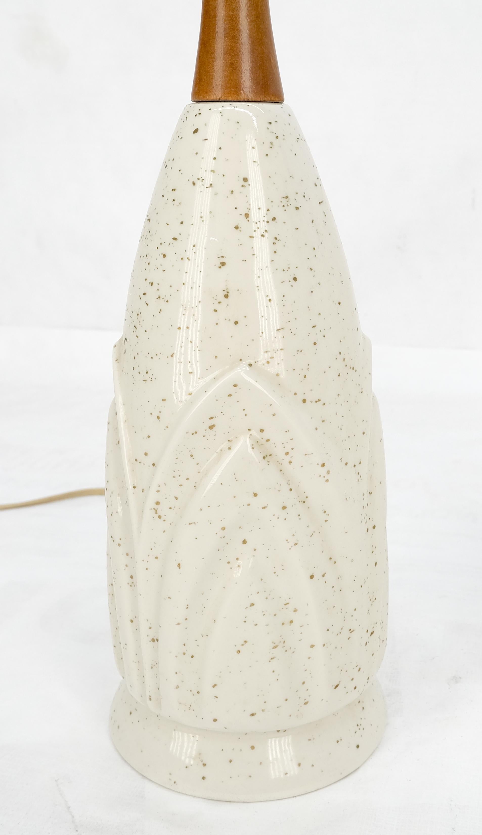 EstablishedLines Pair Mid Century Lotus Motive Ceramic Pottery & Turned Walnut Bases Table Lamps