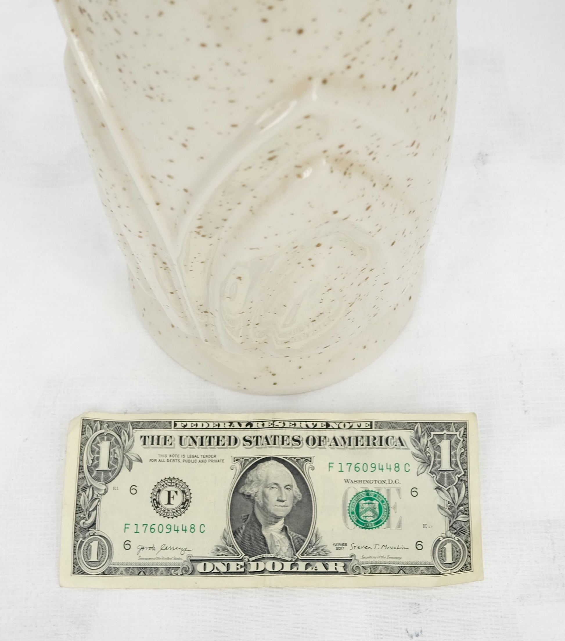 EstablishedLines Pair Mid Century Lotus Motive Ceramic Pottery & Turned Walnut Bases Table Lamps