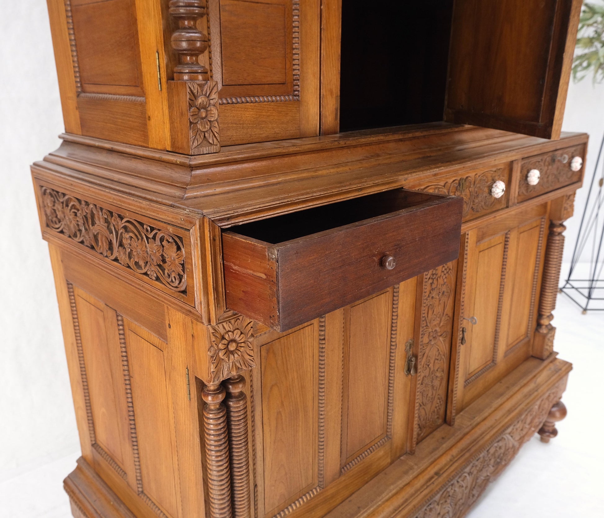 EstablishedLines Solid Carved Teak Antique Two Part Cupboard Cabinet with Unique Feature Mint!