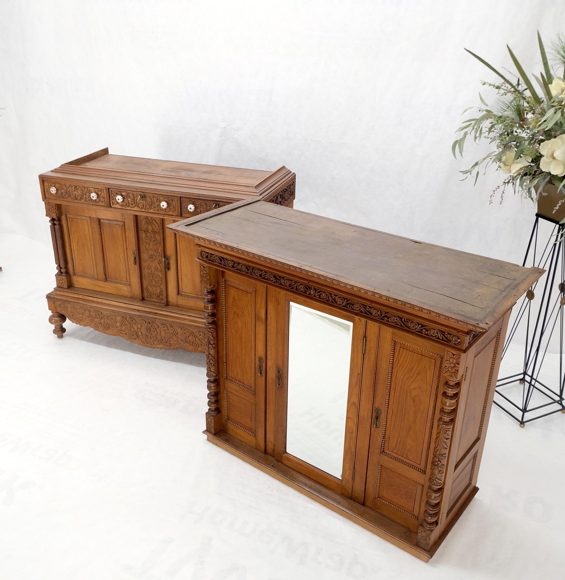 EstablishedLines Solid Carved Teak Antique Two Part Cupboard Cabinet with Unique Feature Mint!