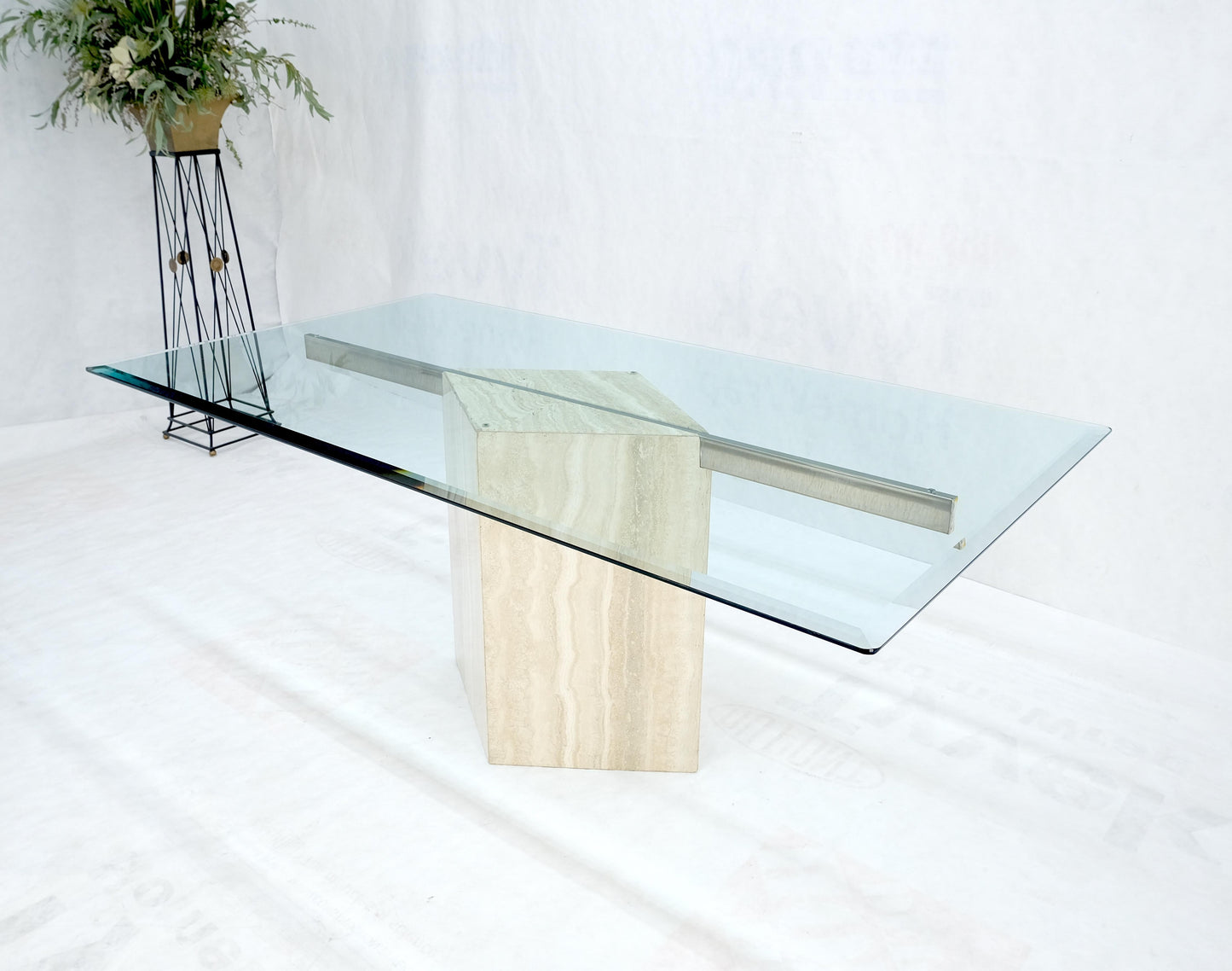 EstablishedLines Single Marble Travertine Diamond Shape Glass Top Dining Conference Table MINT!