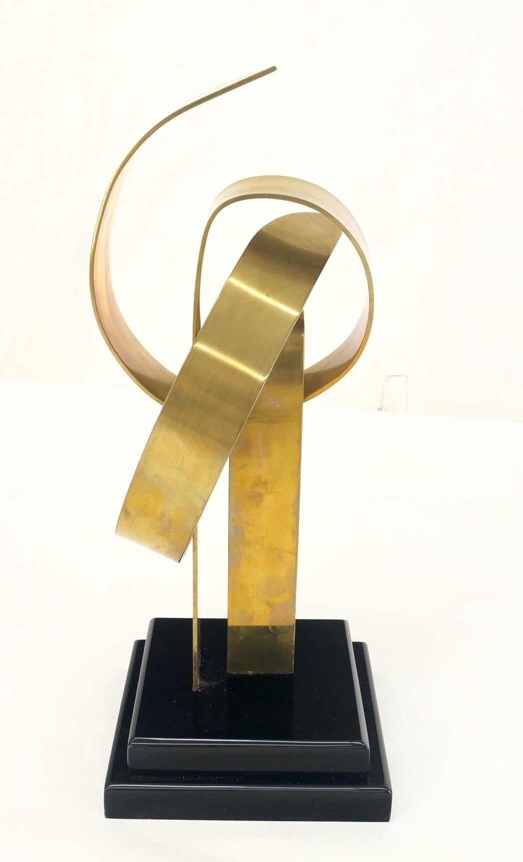 EstablishedLines Van Teal Mid-Century Modern Brass Ribbon Abstract Sculpture on Black Square Base