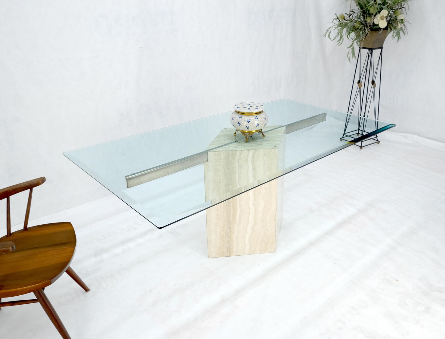 EstablishedLines Single Marble Travertine Diamond Shape Glass Top Dining Conference Table MINT!