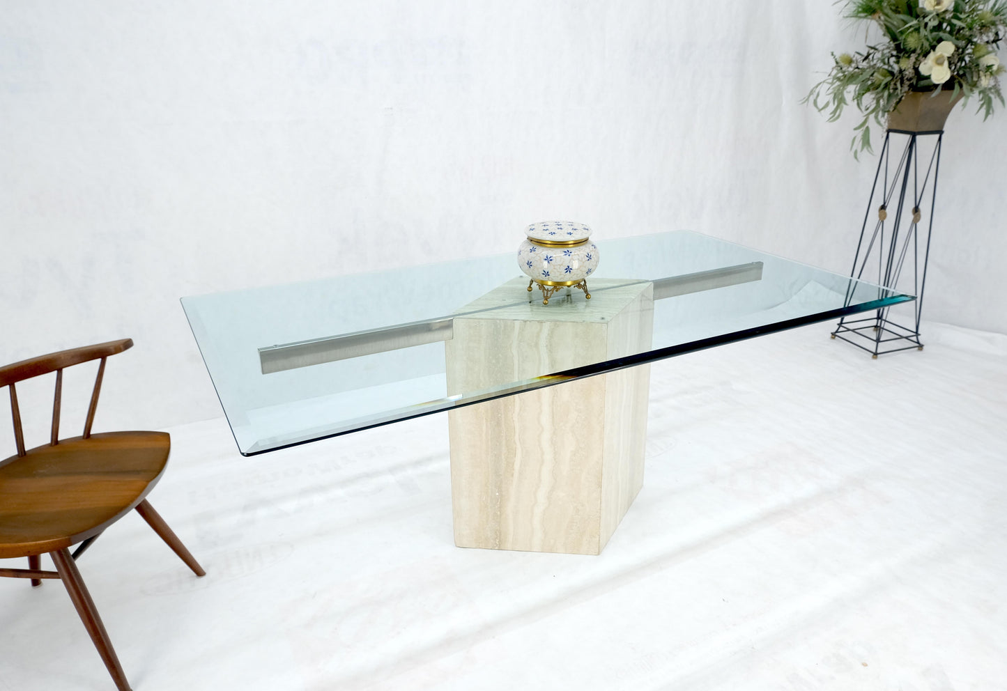 EstablishedLines Single Marble Travertine Diamond Shape Glass Top Dining Conference Table MINT!