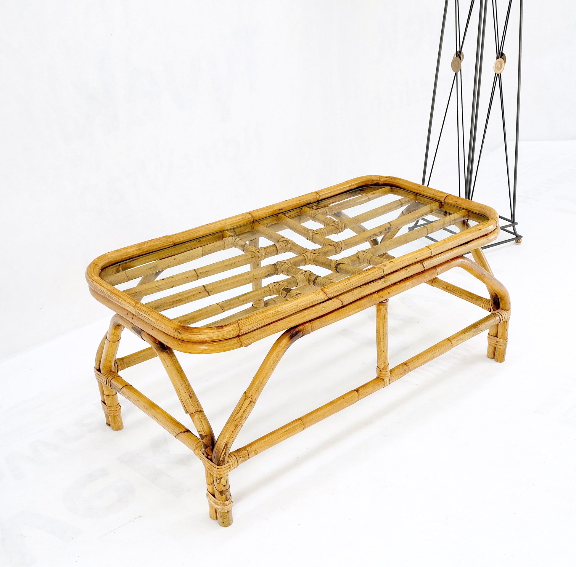 EstablishedLines Rattan Bamboo Rectangle Glass Top Mid-Century Modern Coffee Table Mnt!