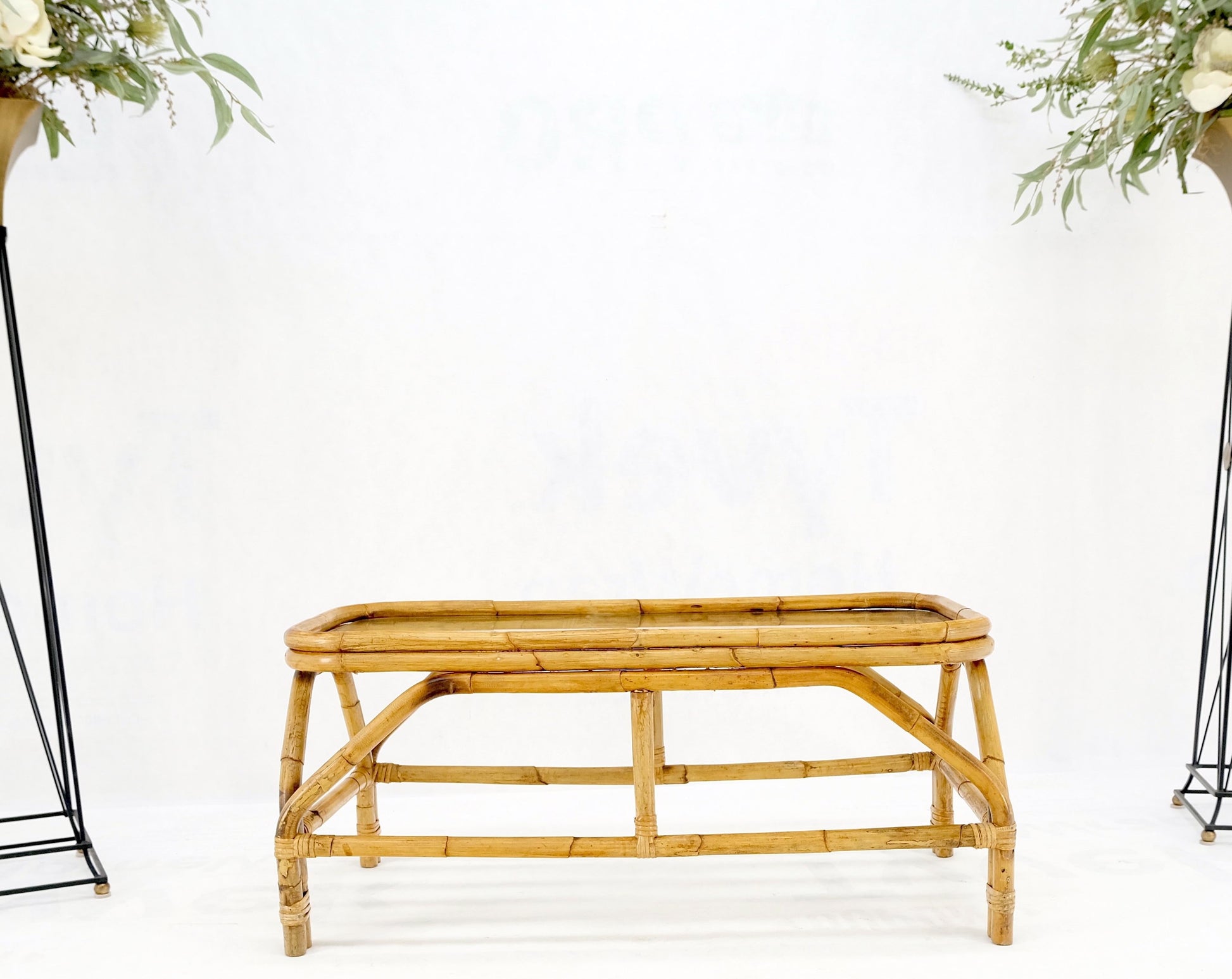 EstablishedLines Rattan Bamboo Rectangle Glass Top Mid-Century Modern Coffee Table Mnt!