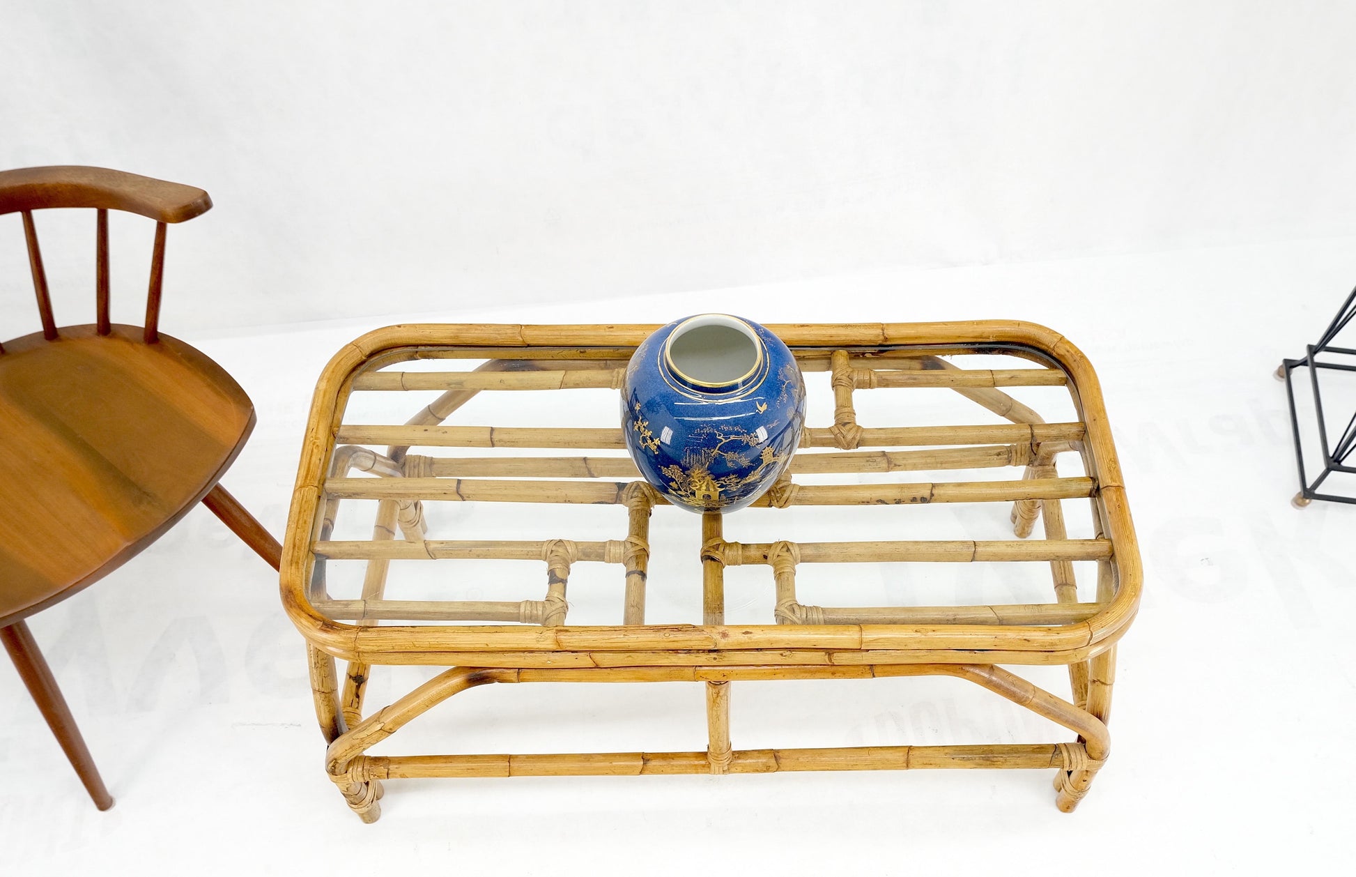EstablishedLines Rattan Bamboo Rectangle Glass Top Mid-Century Modern Coffee Table Mnt!