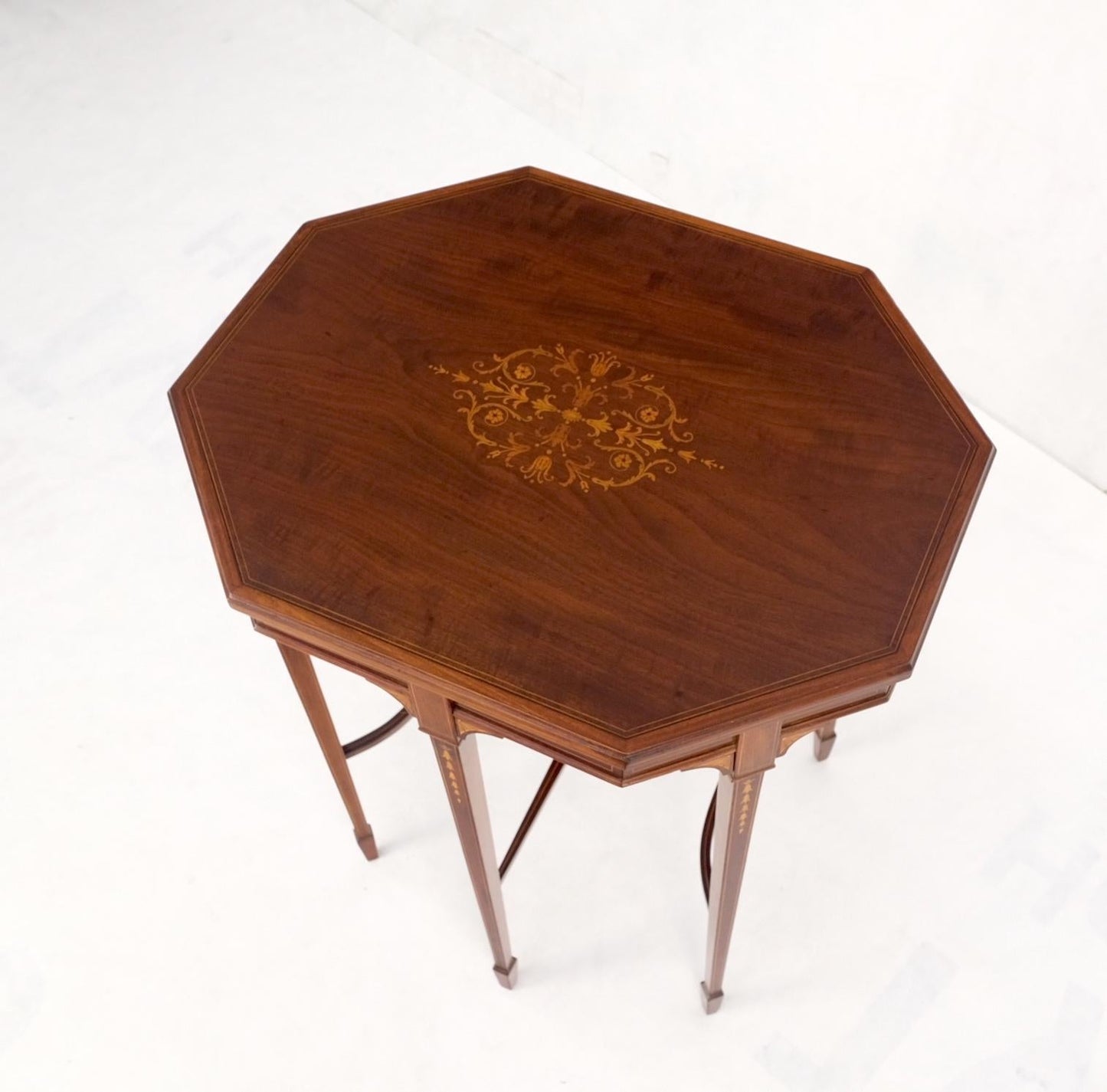 EstablishedLines Very Ornate Delicate Lines Walnut Inlay Stretched Hexagon Lamp Side Table Mint