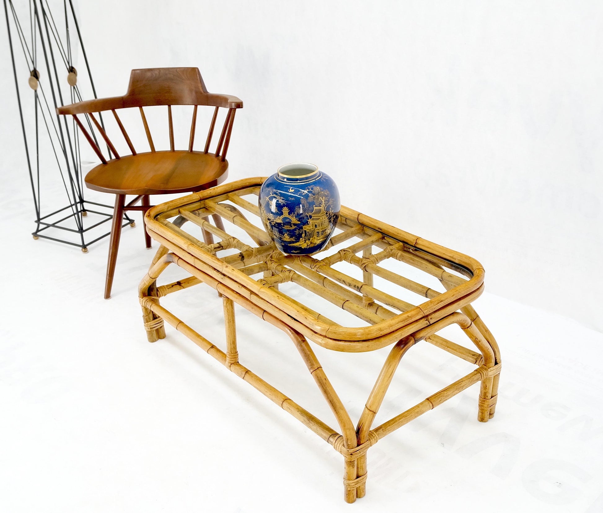 EstablishedLines Rattan Bamboo Rectangle Glass Top Mid-Century Modern Coffee Table Mnt!
