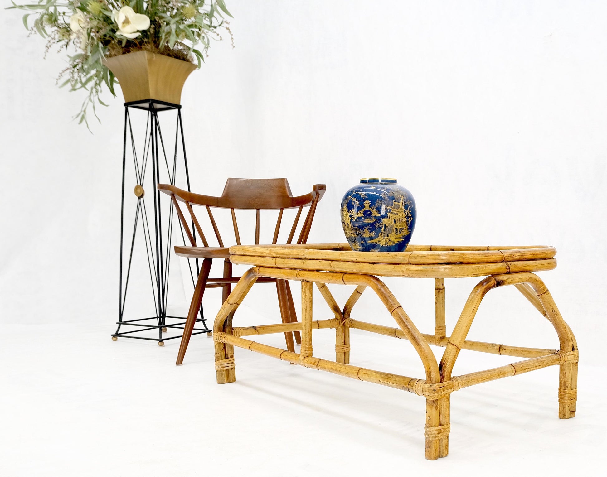 EstablishedLines Rattan Bamboo Rectangle Glass Top Mid-Century Modern Coffee Table Mnt!