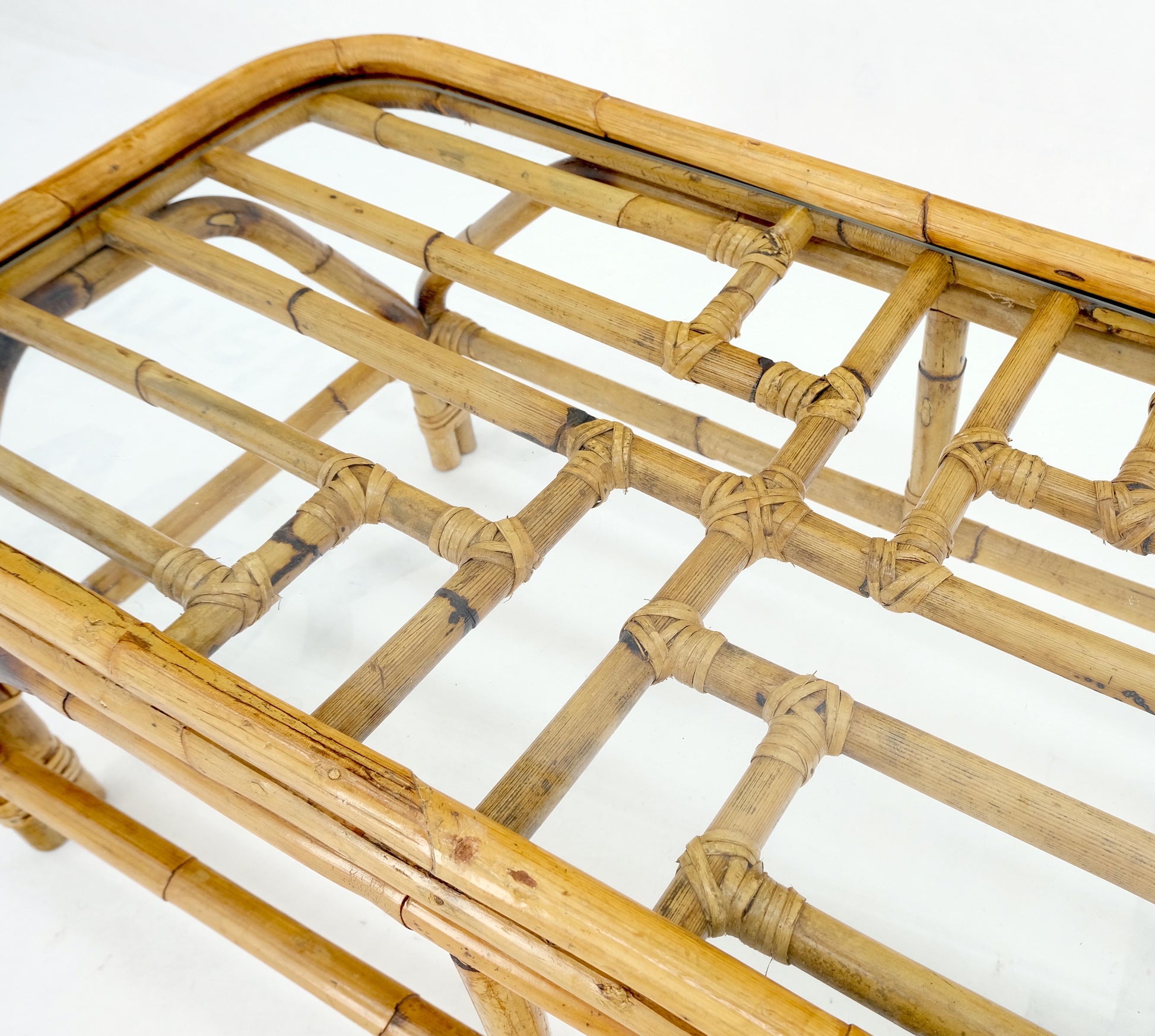 EstablishedLines Rattan Bamboo Rectangle Glass Top Mid-Century Modern Coffee Table Mnt!