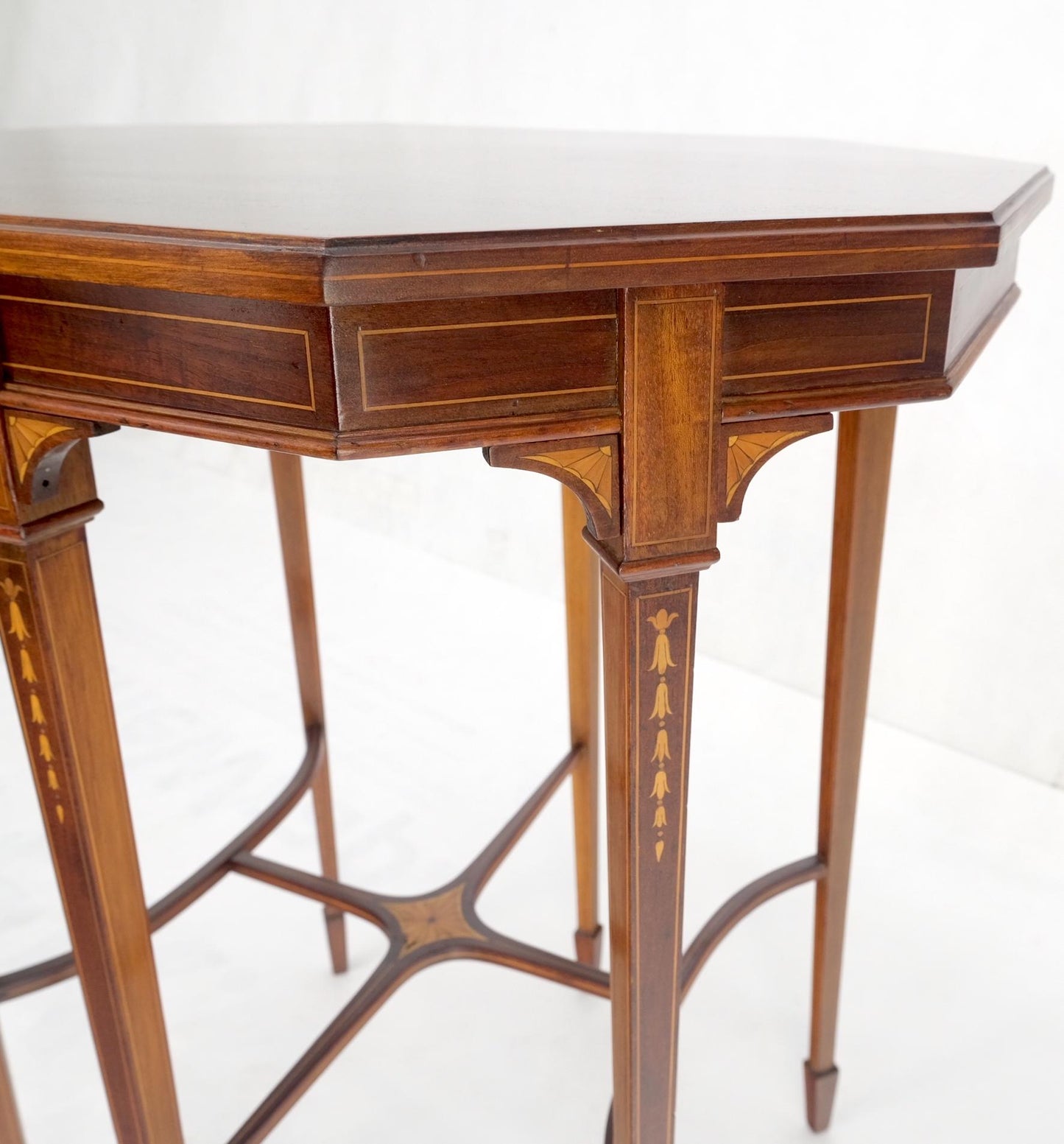 EstablishedLines Very Ornate Delicate Lines Walnut Inlay Stretched Hexagon Lamp Side Table Mint