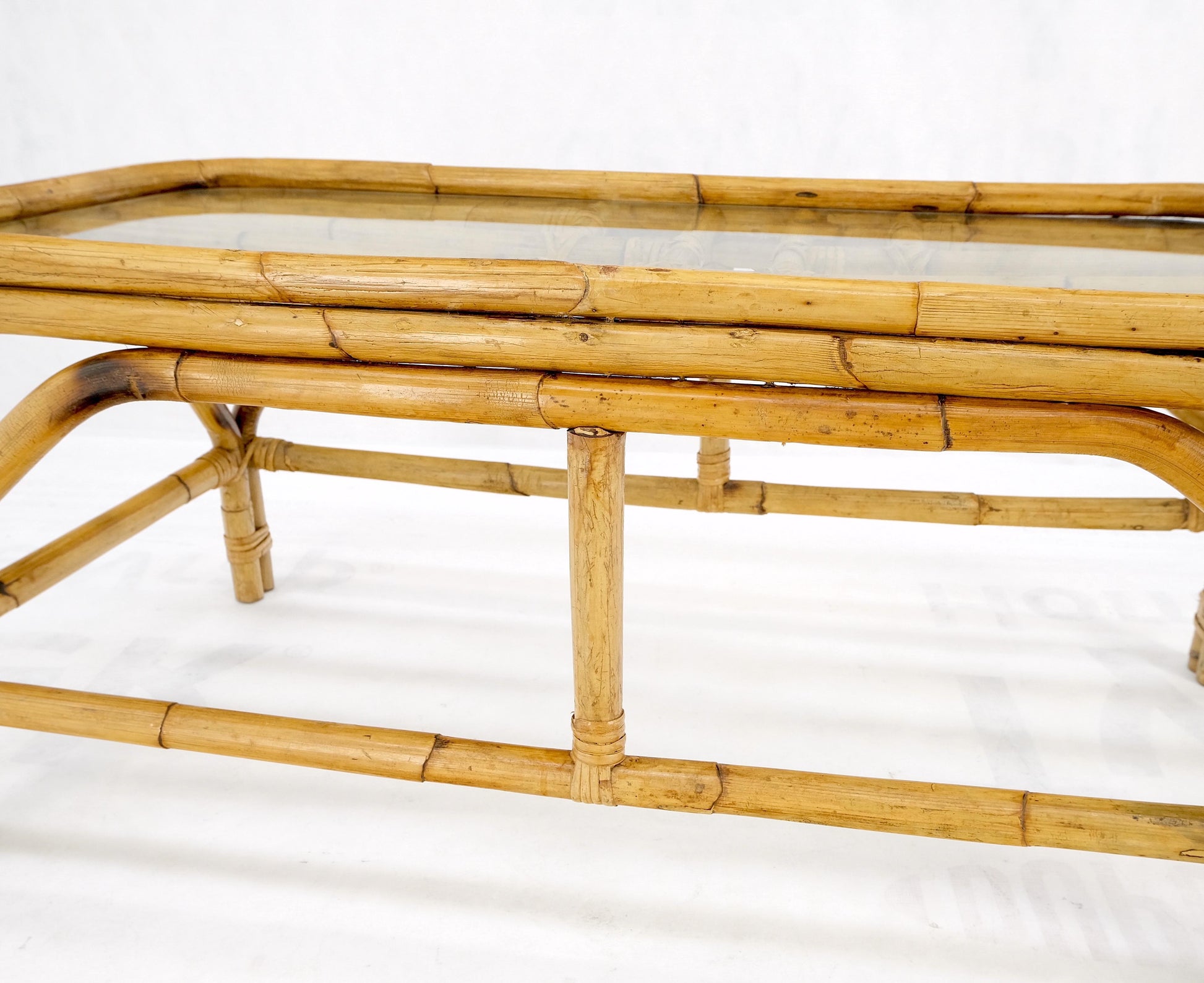 EstablishedLines Rattan Bamboo Rectangle Glass Top Mid-Century Modern Coffee Table Mnt!