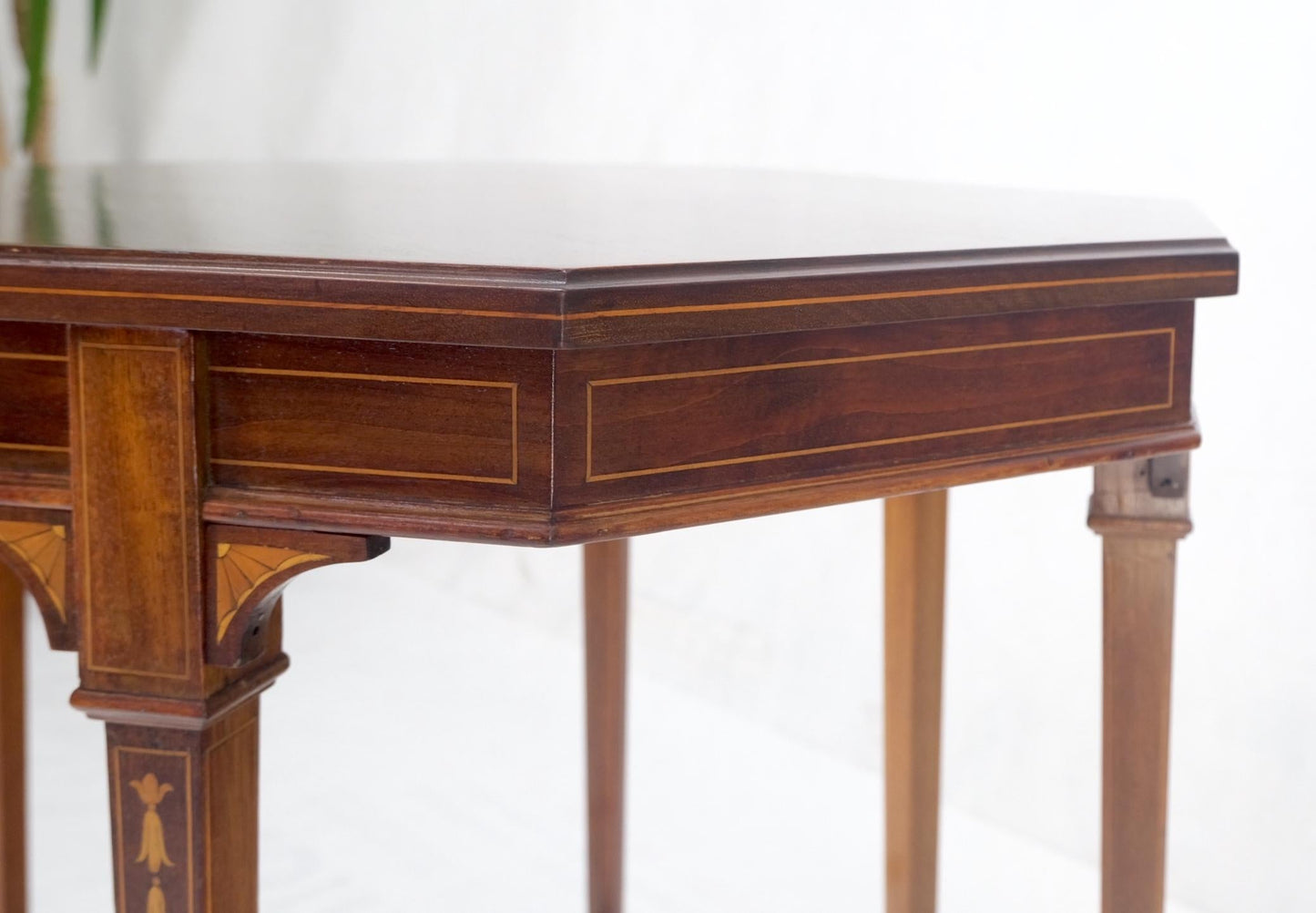EstablishedLines Very Ornate Delicate Lines Walnut Inlay Stretched Hexagon Lamp Side Table Mint