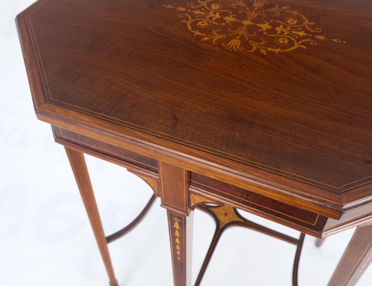EstablishedLines Very Ornate Delicate Lines Walnut Inlay Stretched Hexagon Lamp Side Table Mint