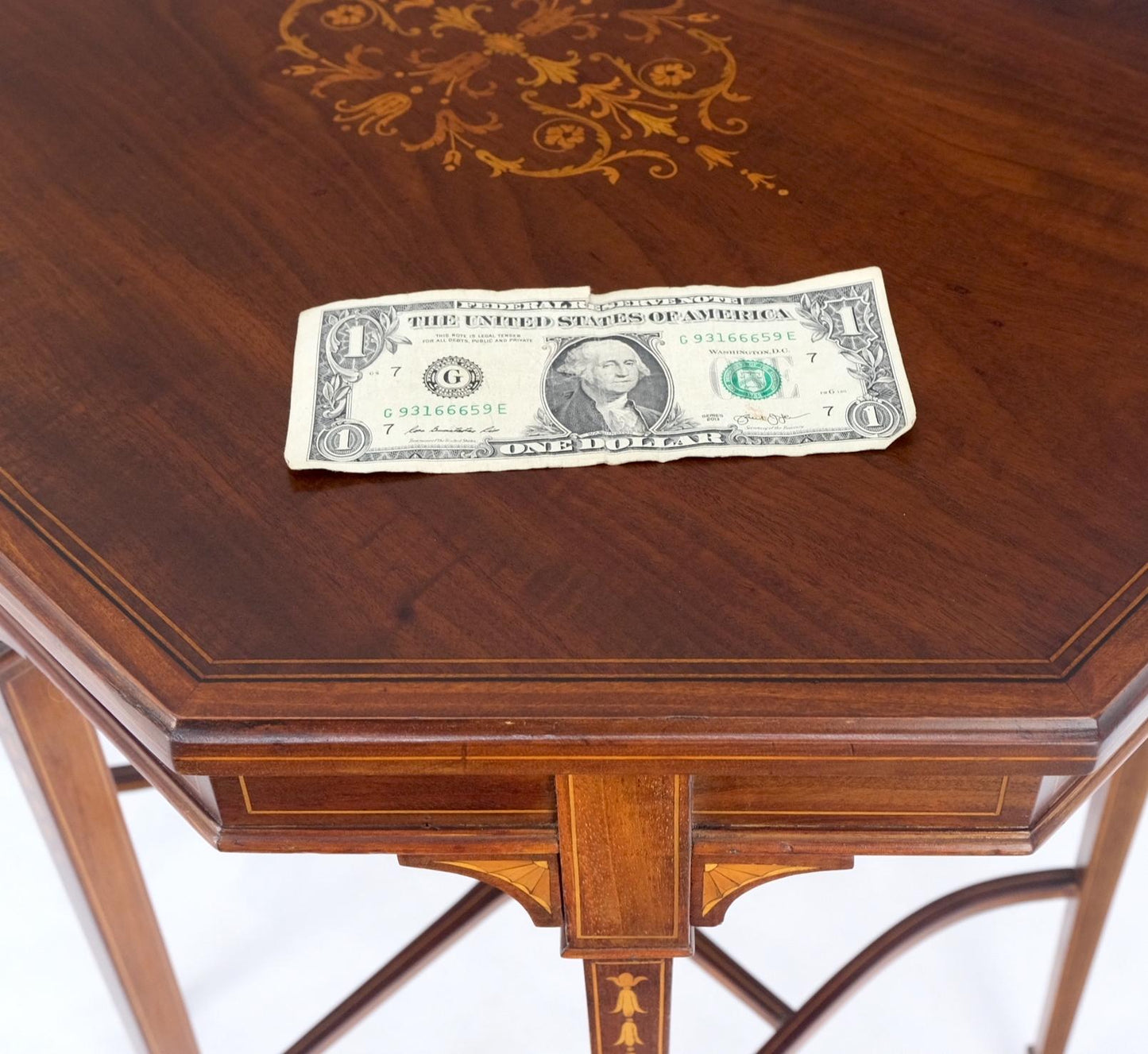 EstablishedLines Very Ornate Delicate Lines Walnut Inlay Stretched Hexagon Lamp Side Table Mint