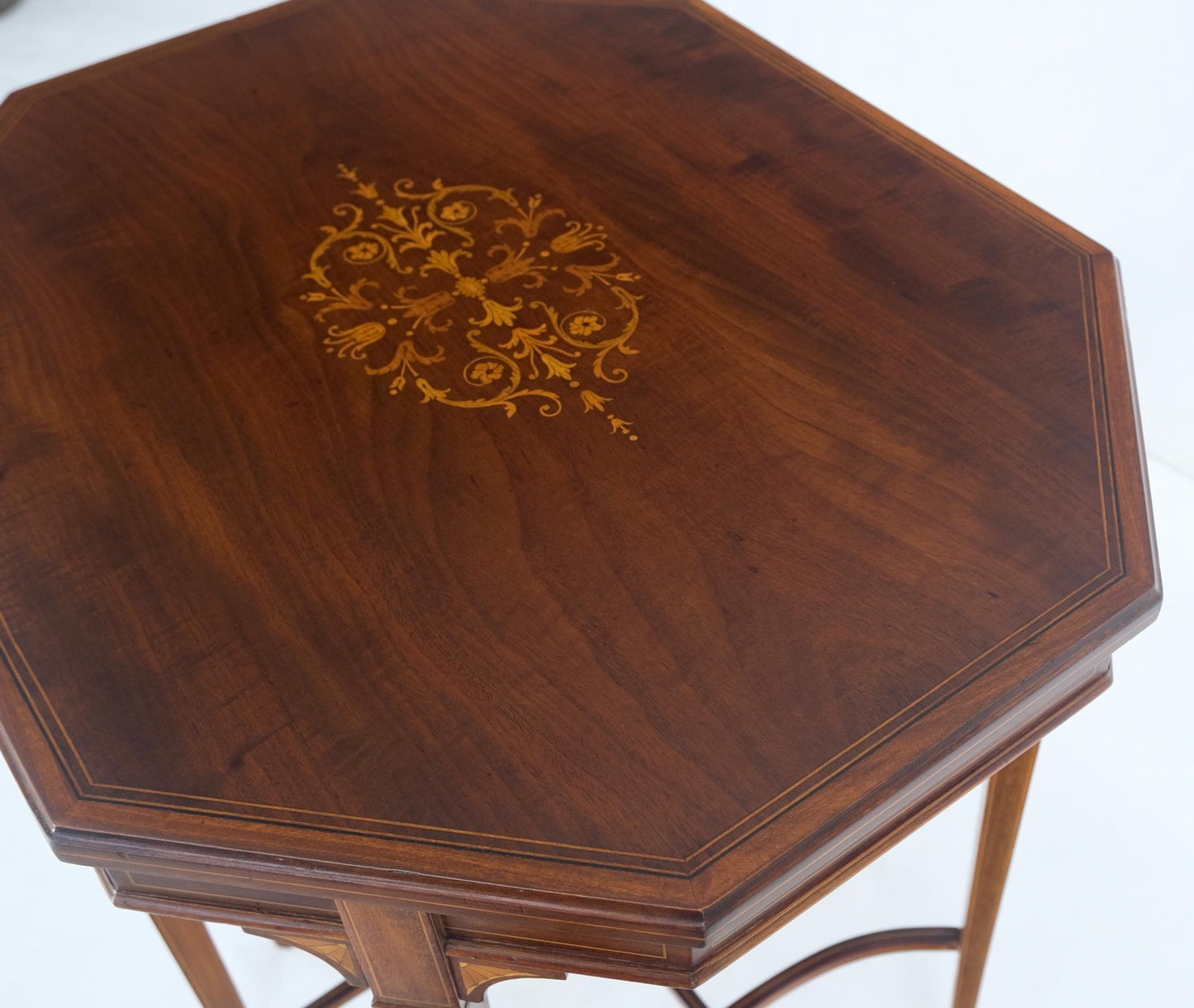 EstablishedLines Very Ornate Delicate Lines Walnut Inlay Stretched Hexagon Lamp Side Table Mint
