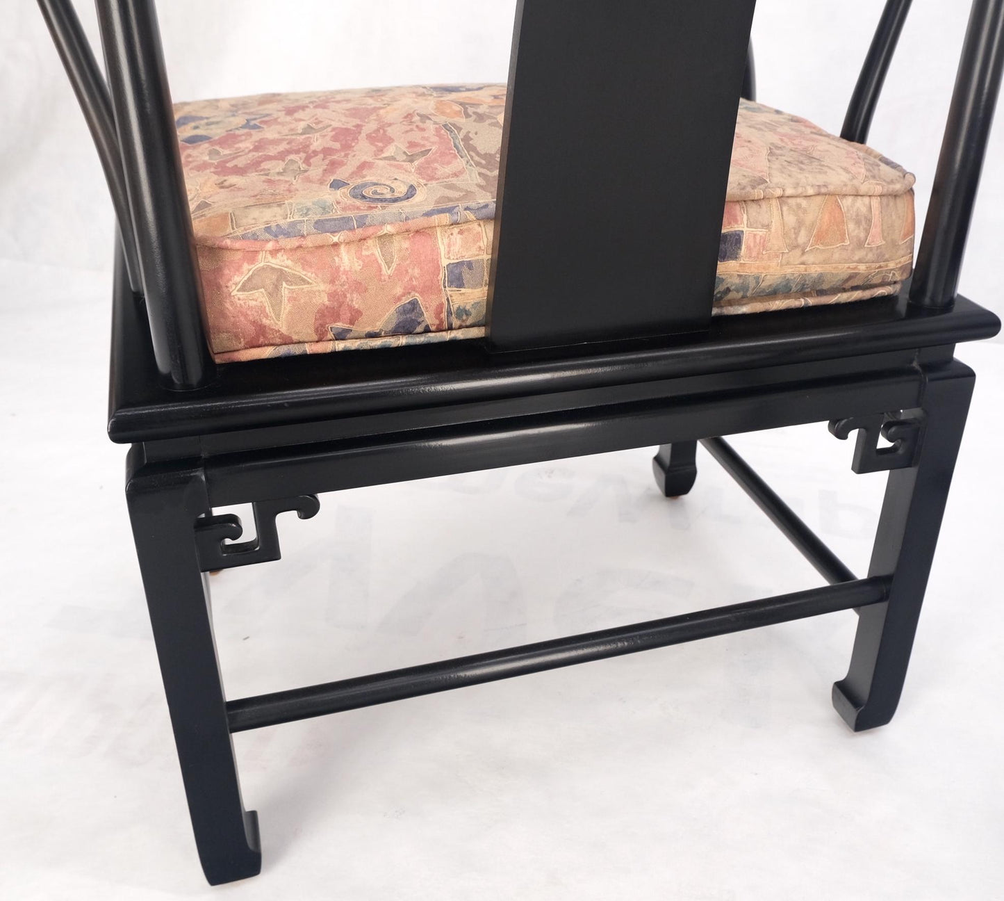 EstablishedLines Pair of Asian Modern Black Lacquer Barrel Horse Shoe Back Lounge Chairs Mint!