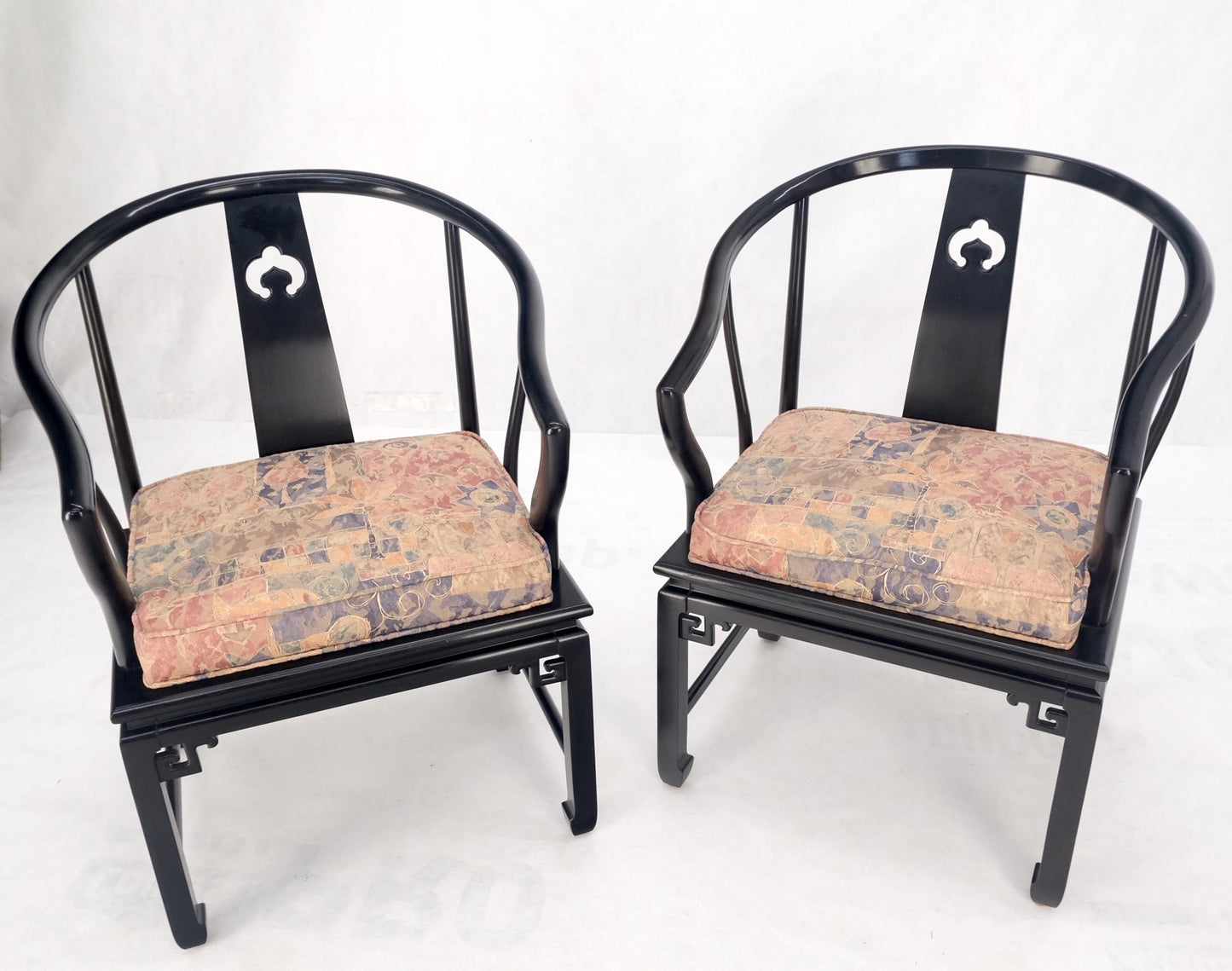 EstablishedLines Pair of Asian Modern Black Lacquer Barrel Horse Shoe Back Lounge Chairs Mint!