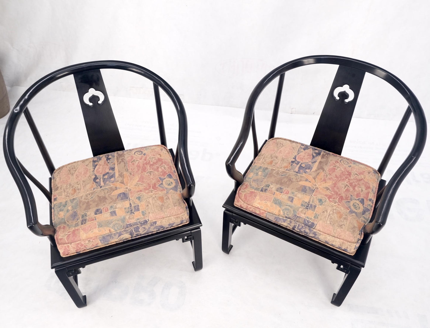 EstablishedLines Pair of Asian Modern Black Lacquer Barrel Horse Shoe Back Lounge Chairs Mint!