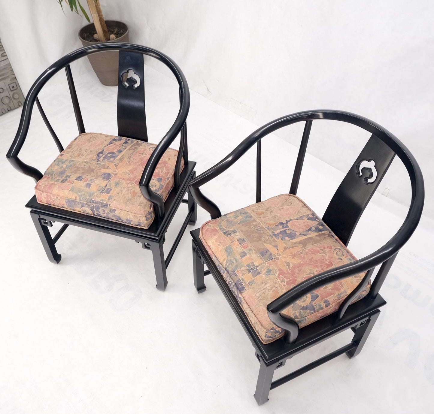 EstablishedLines Pair of Asian Modern Black Lacquer Barrel Horse Shoe Back Lounge Chairs Mint!