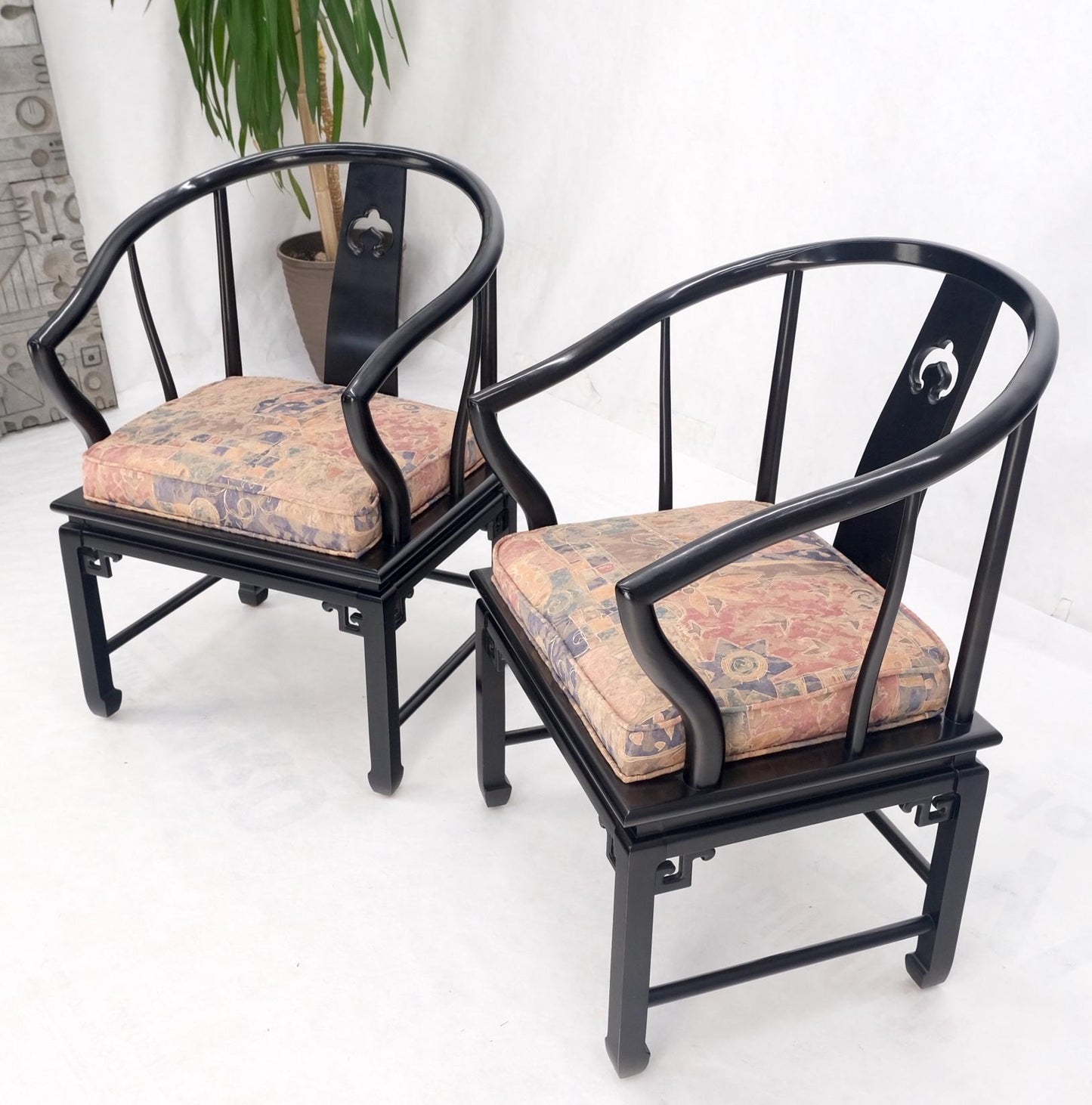 EstablishedLines Pair of Asian Modern Black Lacquer Barrel Horse Shoe Back Lounge Chairs Mint!