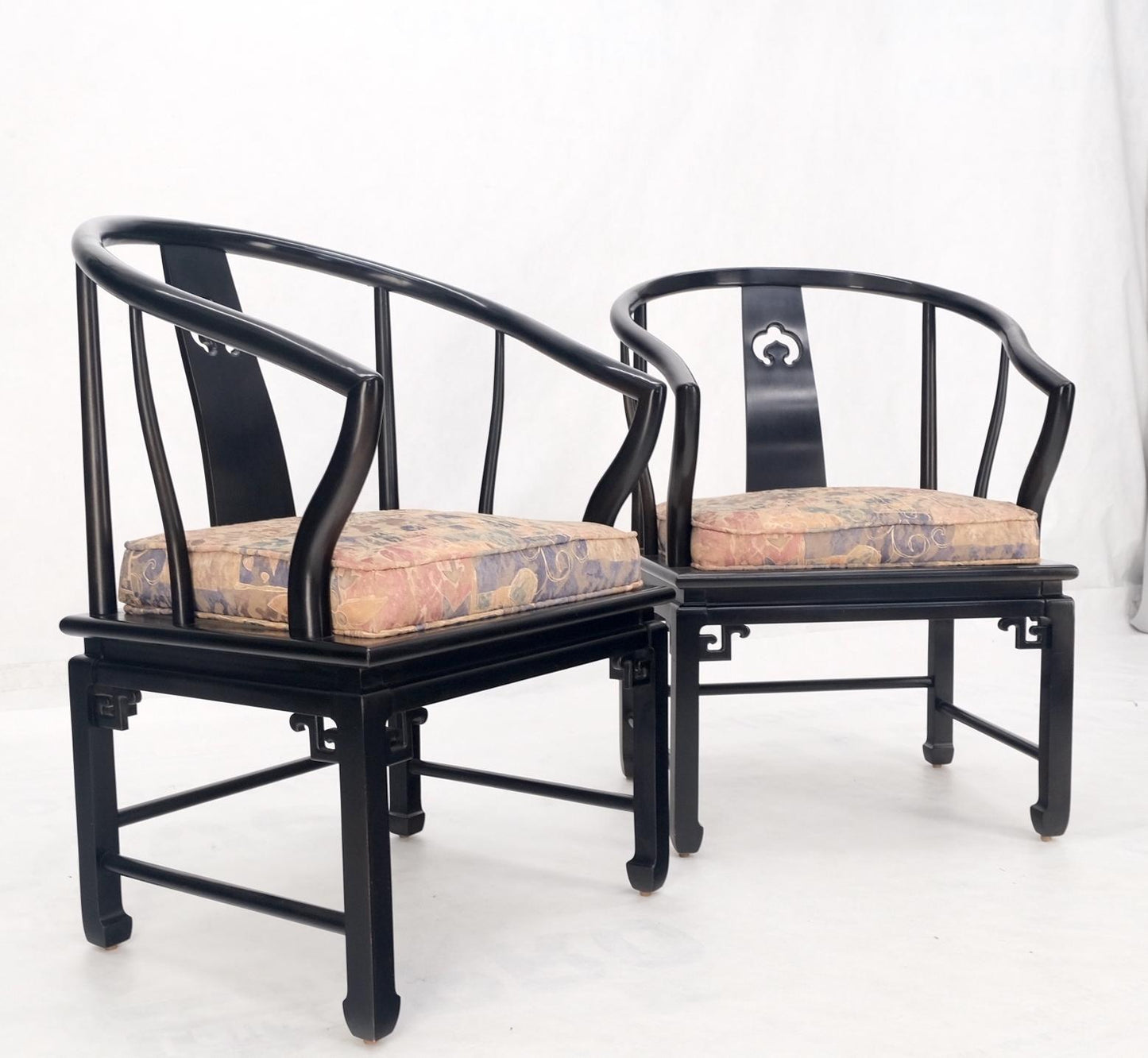 EstablishedLines Pair of Asian Modern Black Lacquer Barrel Horse Shoe Back Lounge Chairs Mint!