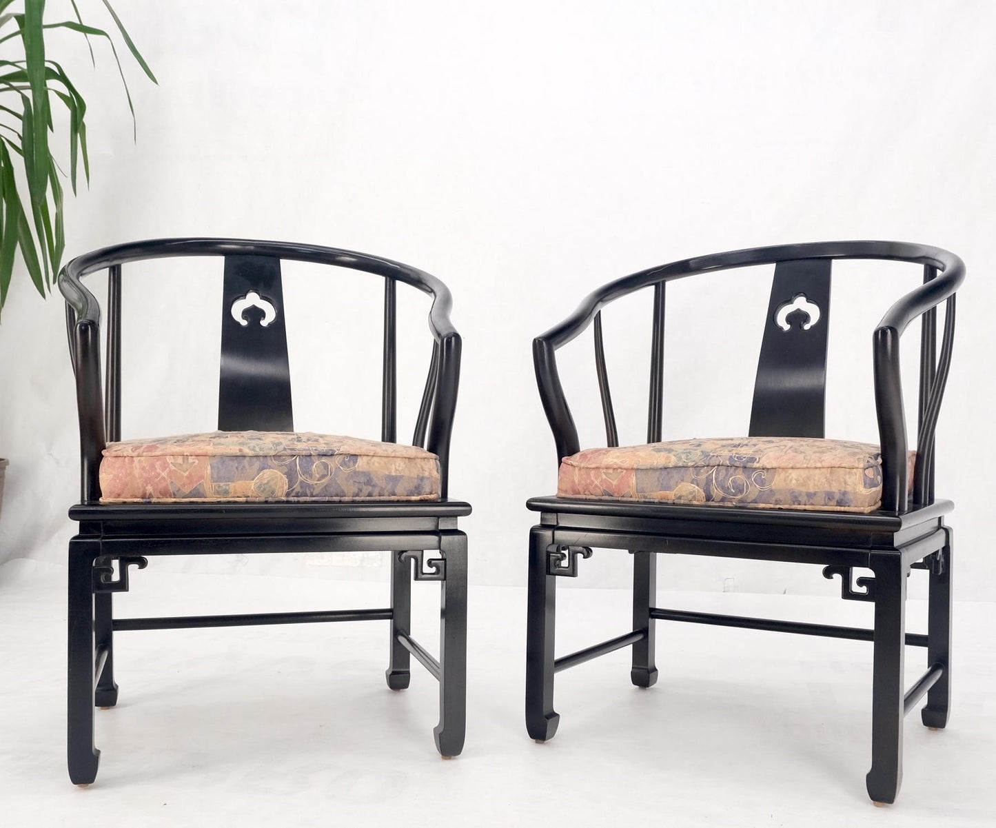 EstablishedLines Pair of Asian Modern Black Lacquer Barrel Horse Shoe Back Lounge Chairs Mint!
