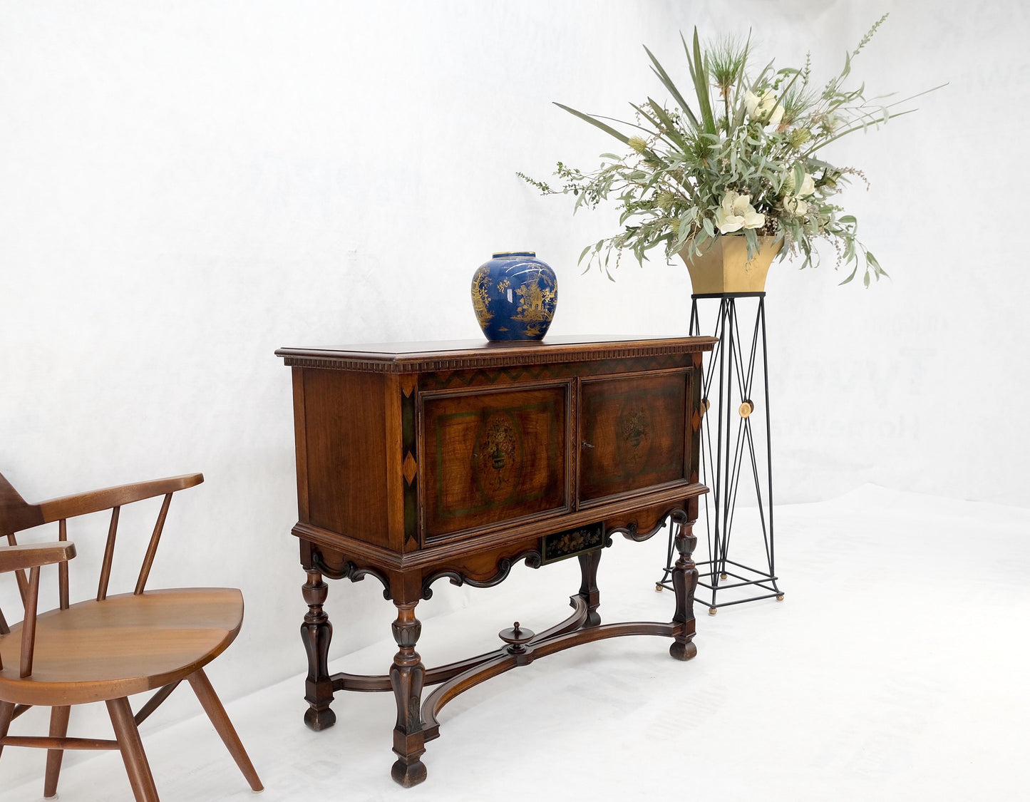 EstablishedLines Paint Decorated Two Door Jacobean Style Turned Legs Stretcher Base Server Mint!