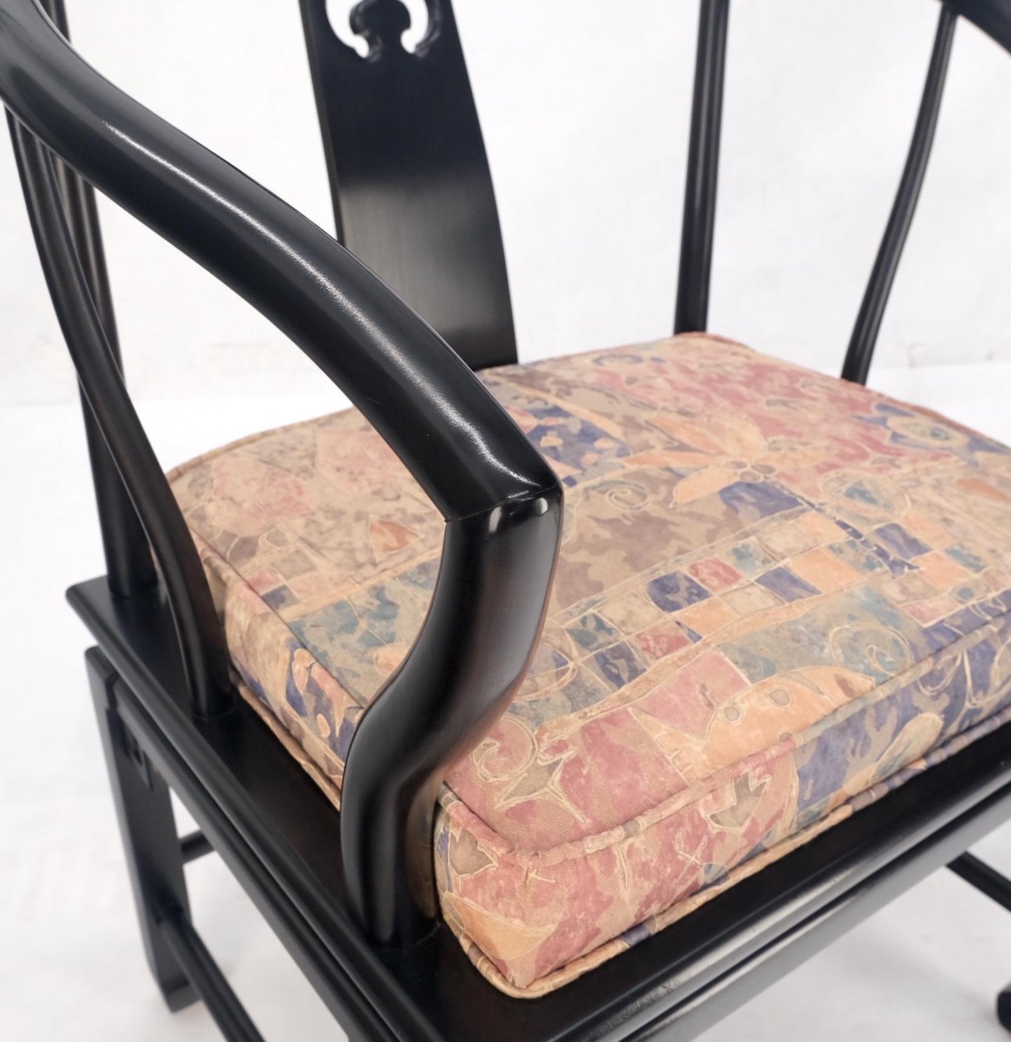 EstablishedLines Pair of Asian Modern Black Lacquer Barrel Horse Shoe Back Lounge Chairs Mint!