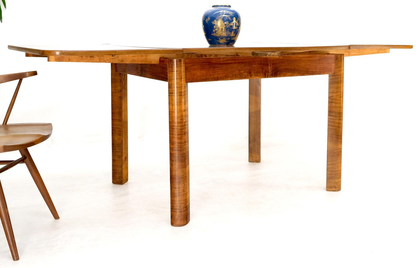 EstablishedLines Swedish Mid-Century Modern Burl Wood Refectory Extending Dining Dinette Table
