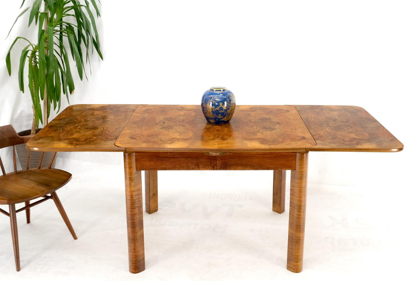 EstablishedLines Swedish Mid-Century Modern Burl Wood Refectory Extending Dining Dinette Table