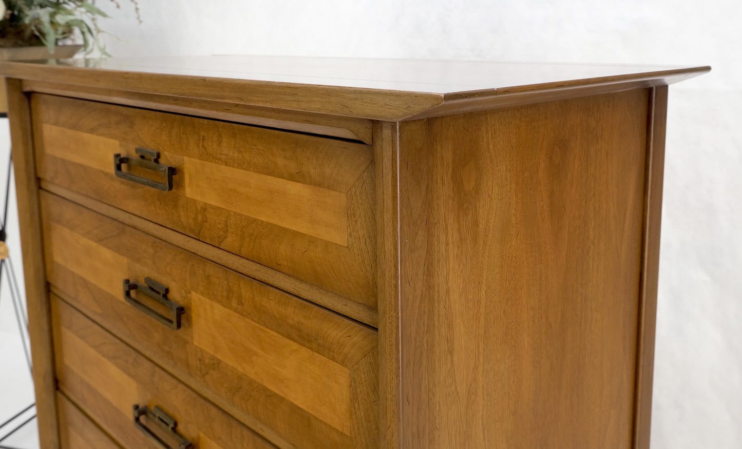 EstablishedLines American Mid-Century Modern Light Walnut Heavy Brass Drop Pulls 5 Drawer Chest