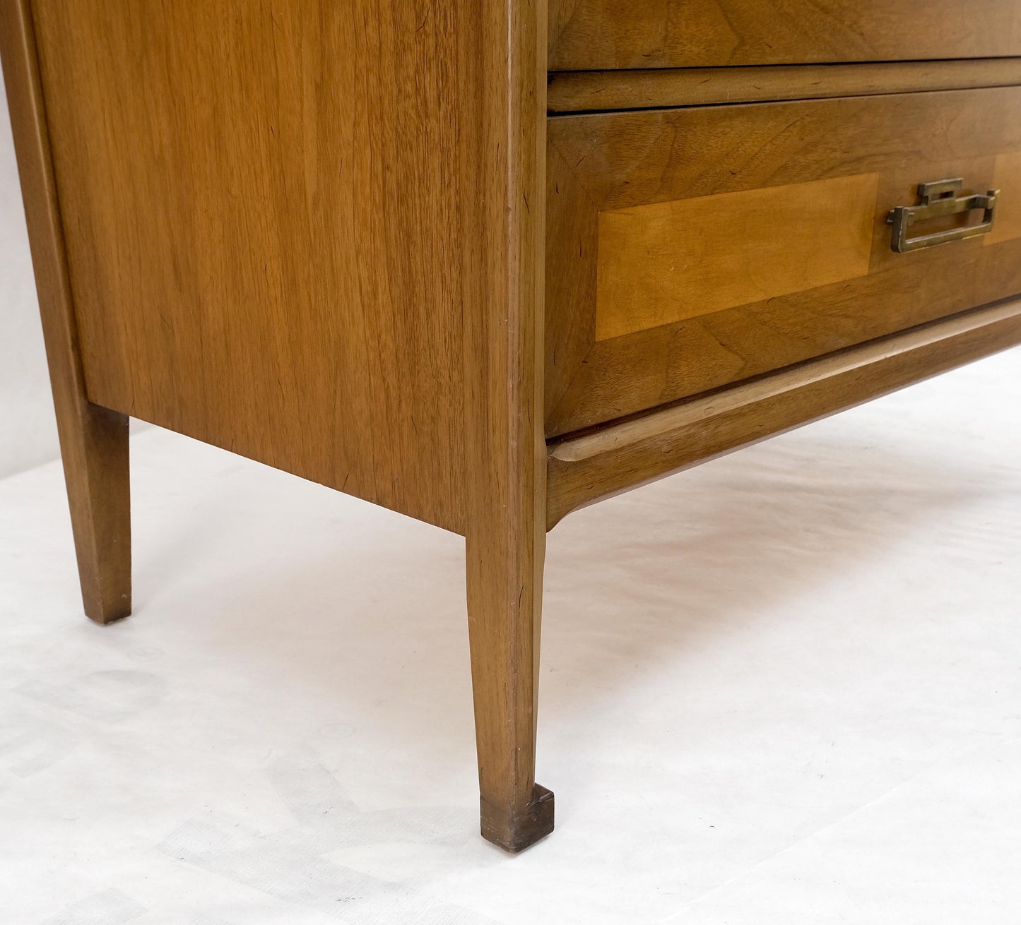EstablishedLines American Mid-Century Modern Light Walnut Heavy Brass Drop Pulls 5 Drawer Chest