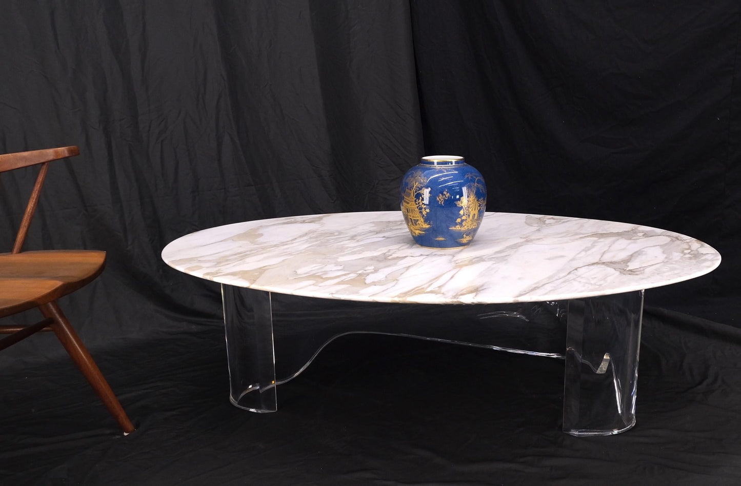 EstablishedLines Mid-Century Modern Oval Carrara Marble Top Organic Lucite Base Coffee Table