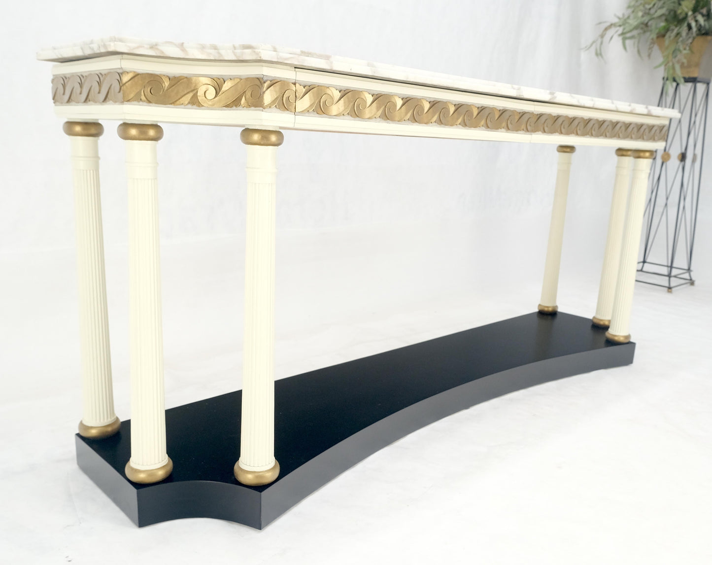 EstablishedLines Marble Top Neoclassical Deco Concave Base Console Sofa Table Gold Gilt Carving
