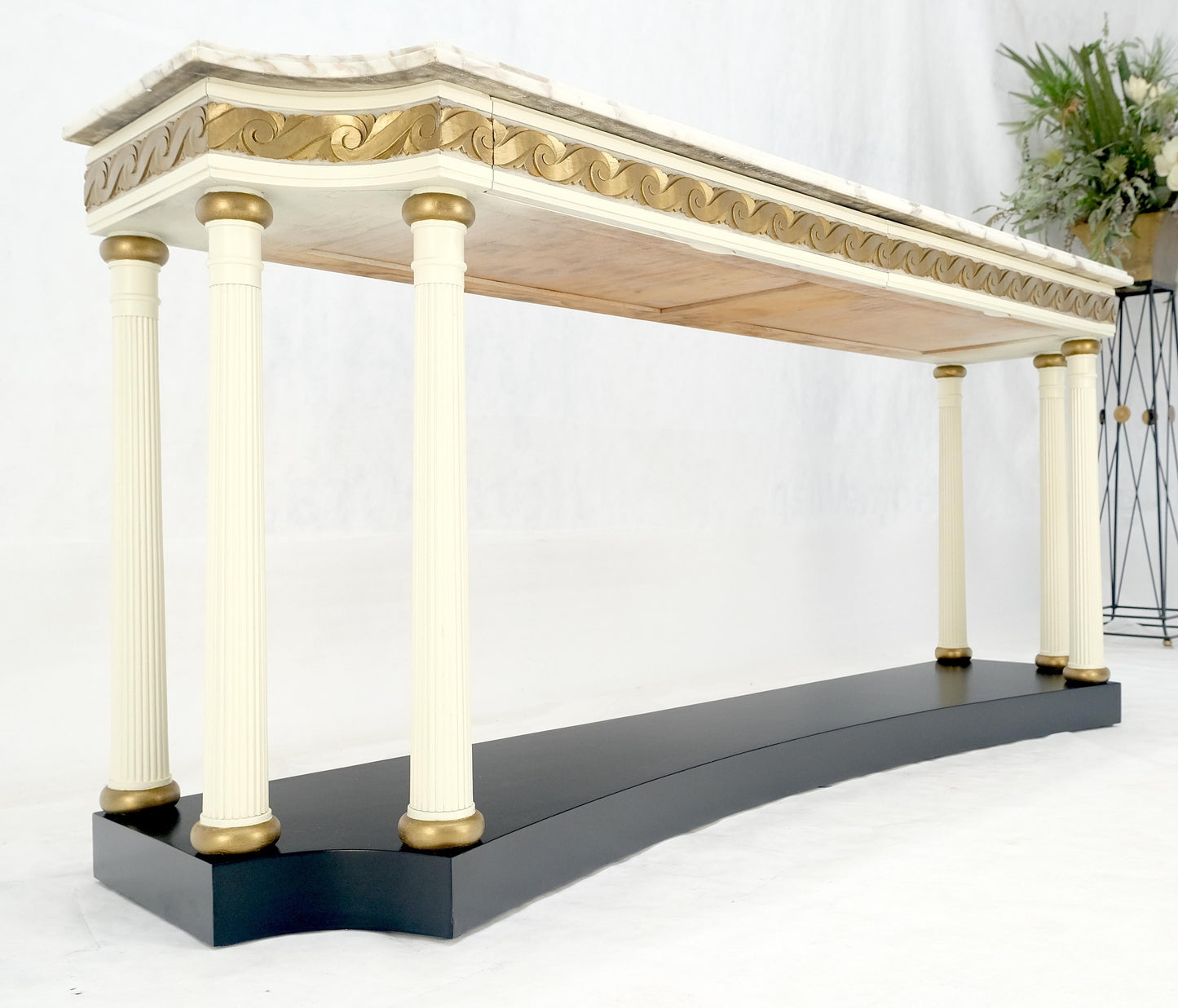 EstablishedLines Marble Top Neoclassical Deco Concave Base Console Sofa Table Gold Gilt Carving
