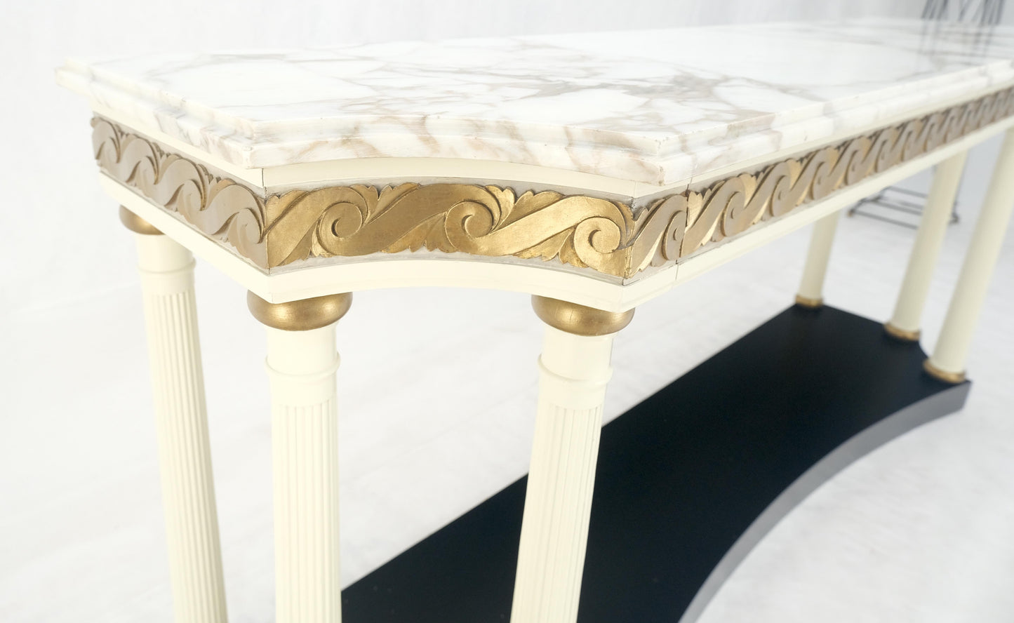 EstablishedLines Marble Top Neoclassical Deco Concave Base Console Sofa Table Gold Gilt Carving
