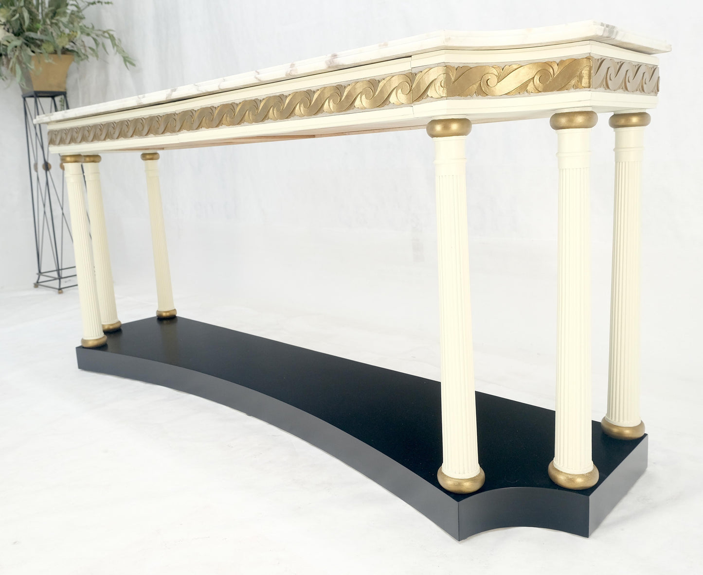 EstablishedLines Marble Top Neoclassical Deco Concave Base Console Sofa Table Gold Gilt Carving