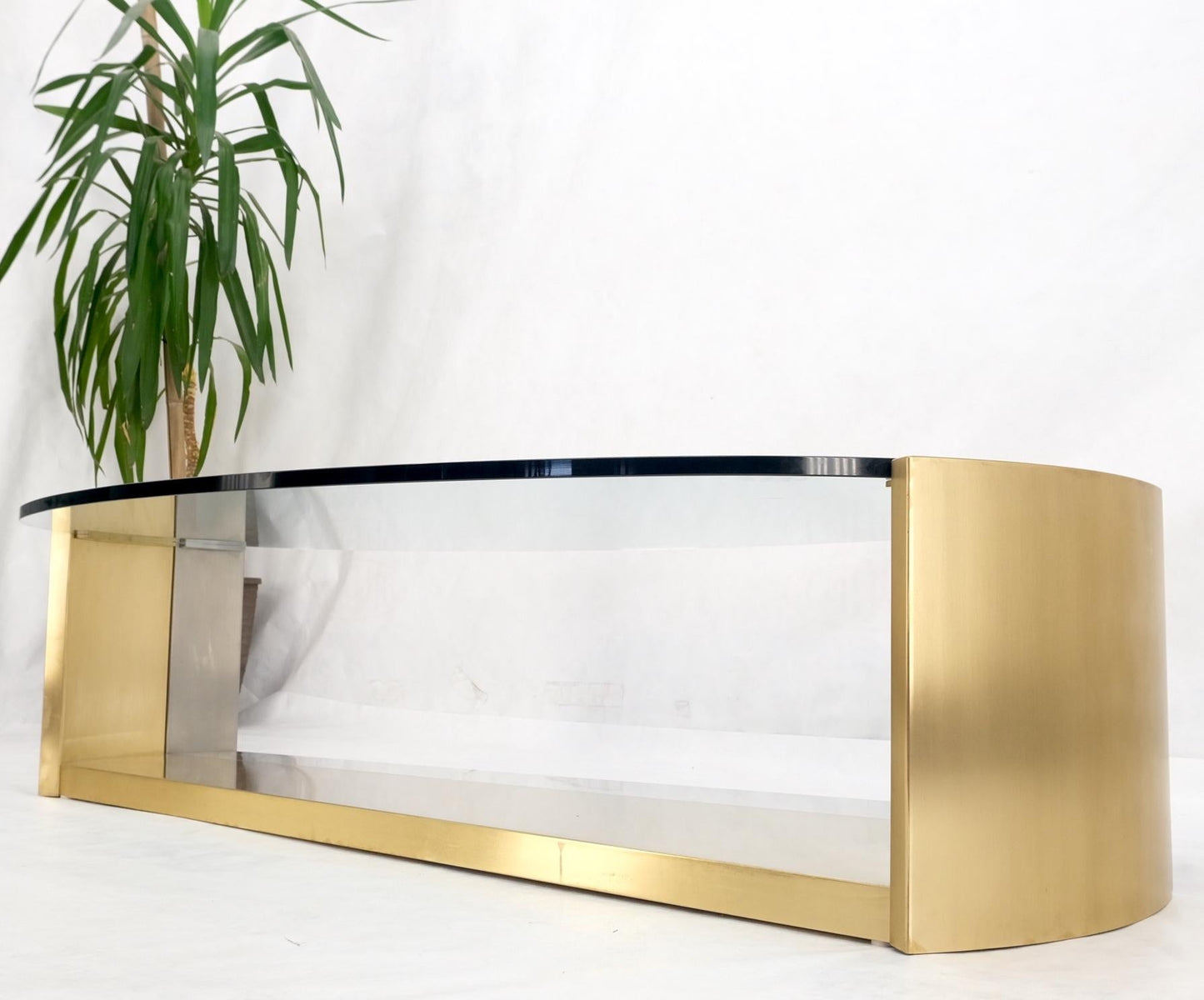 EstablishedLines Large Oval Glass Top Brushed Stainless & Brass Base Coffee Table Nice