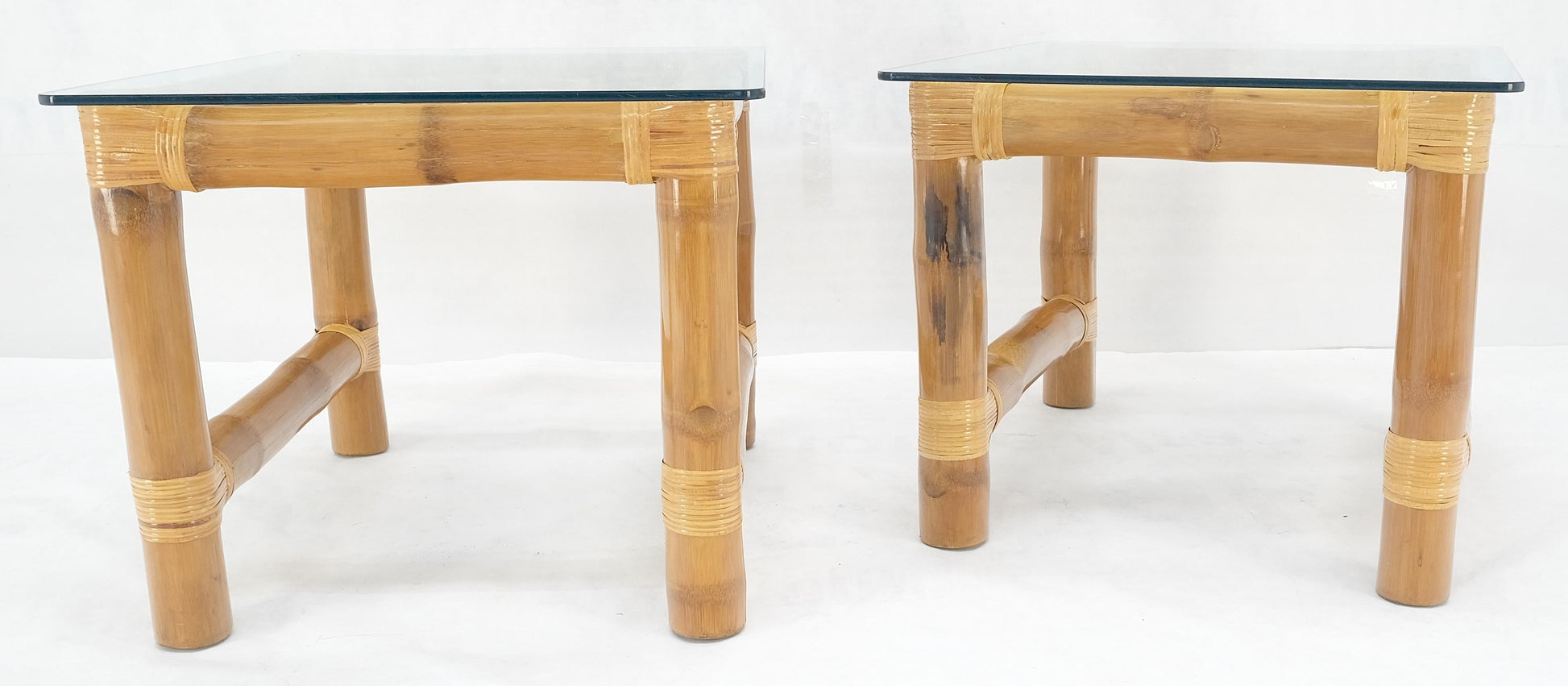 EstablishedLines Pair Thick Bamboo Glass Top Rectangle Glass Top End Side Lamp Tables MINT