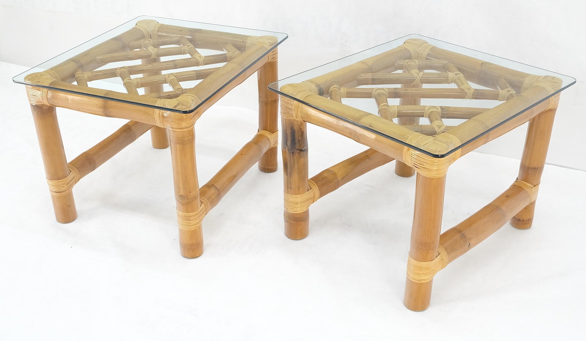 EstablishedLines Pair Thick Bamboo Glass Top Rectangle Glass Top End Side Lamp Tables MINT