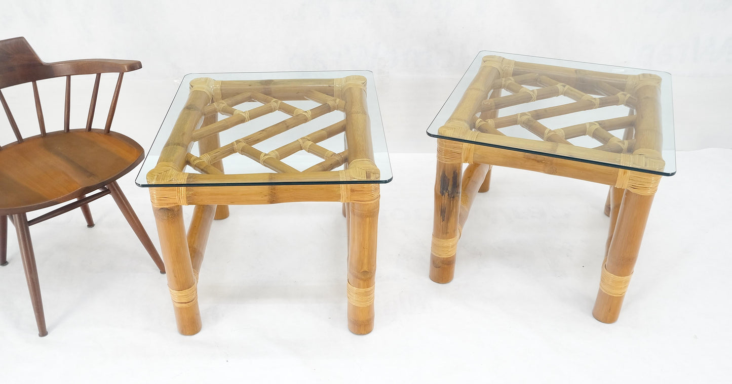 EstablishedLines Pair Thick Bamboo Glass Top Rectangle Glass Top End Side Lamp Tables MINT