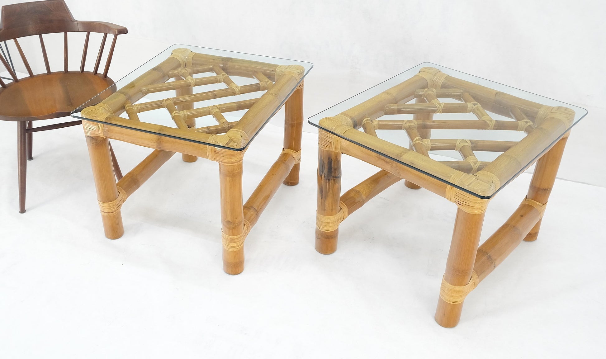 EstablishedLines Pair Thick Bamboo Glass Top Rectangle Glass Top End Side Lamp Tables MINT