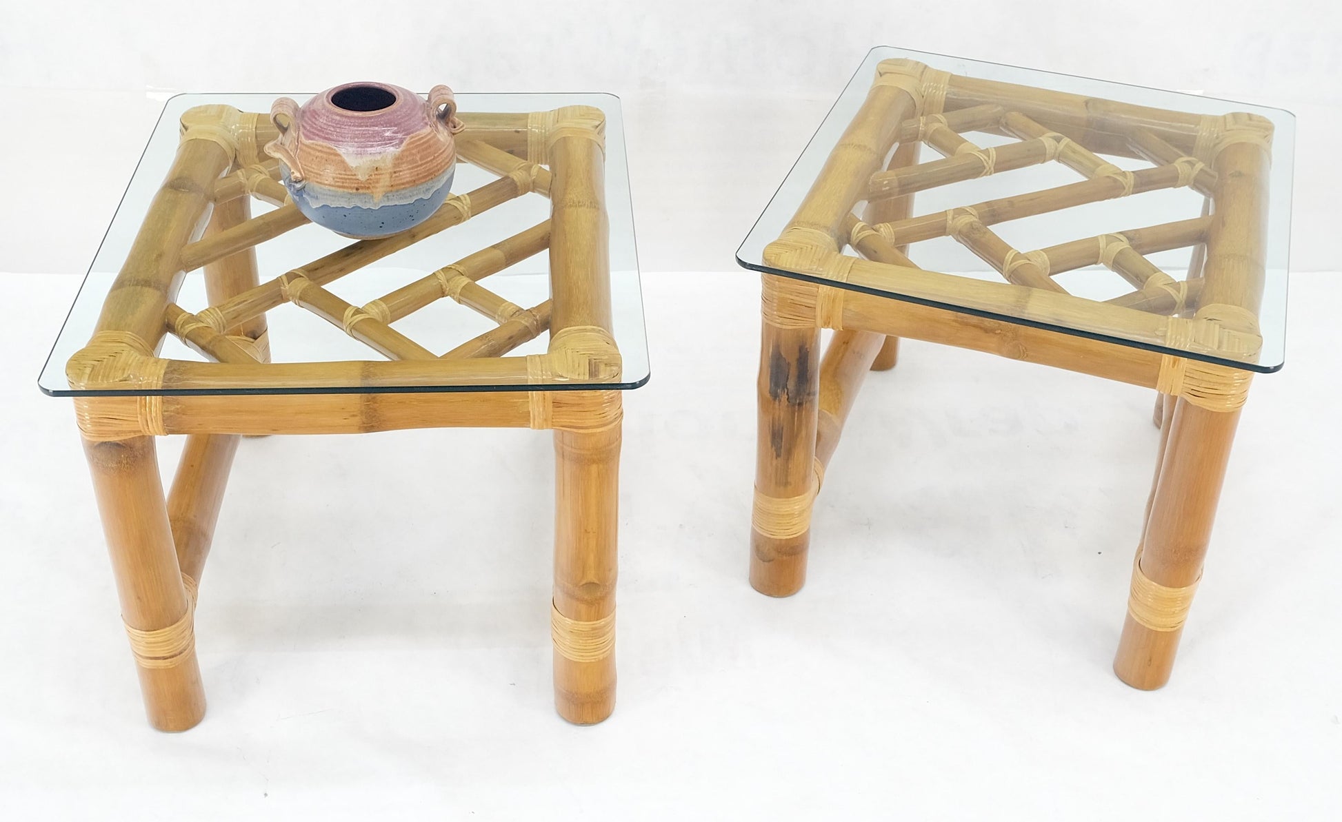 EstablishedLines Pair Thick Bamboo Glass Top Rectangle Glass Top End Side Lamp Tables MINT
